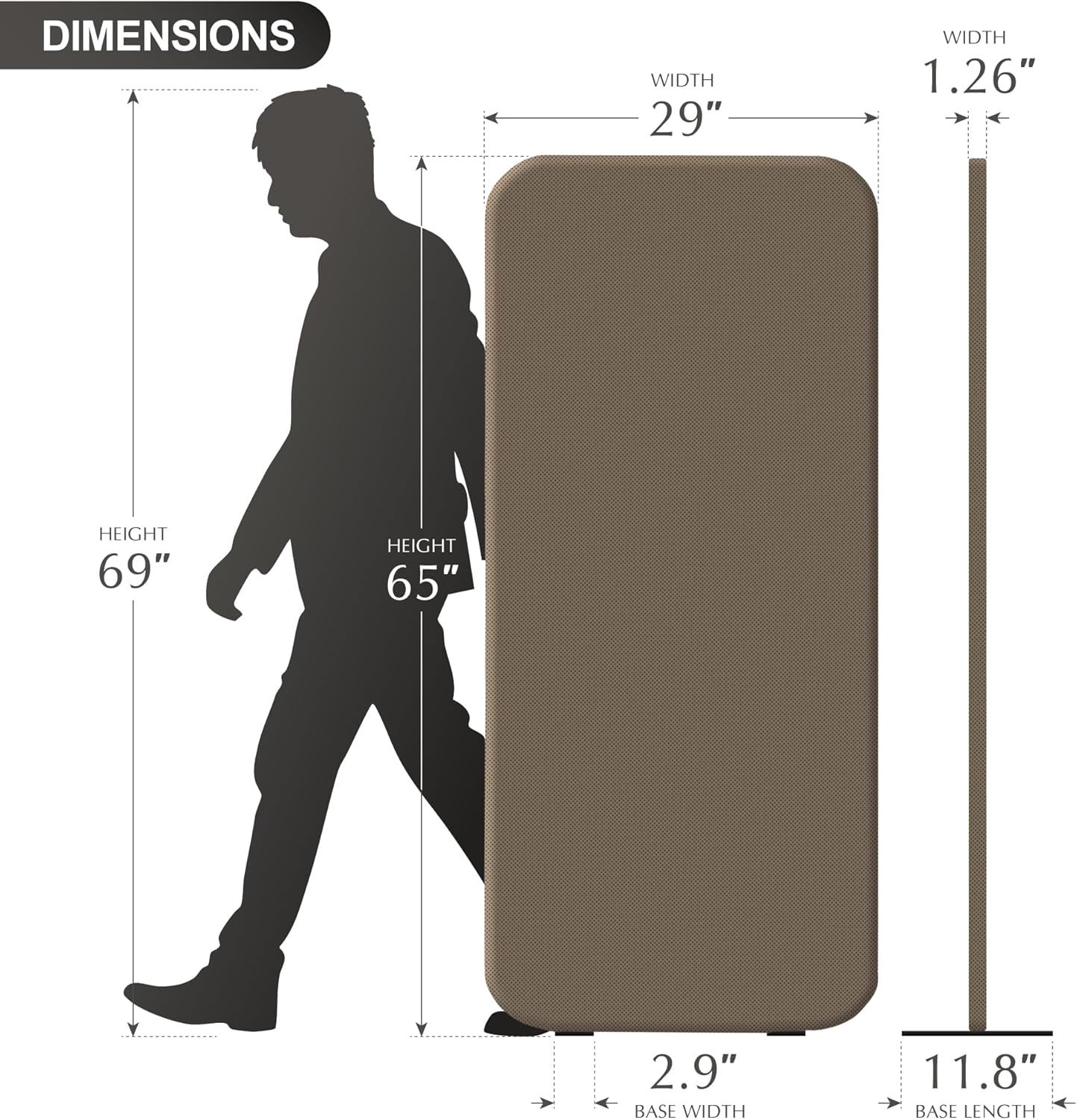 DECOLAB Standing Room Partition, Space Privacy Divider, Portable Wall Panel for Studio Apartment, Office, Home, Classroom, Scratch Resistance, 29"x65", Taupe