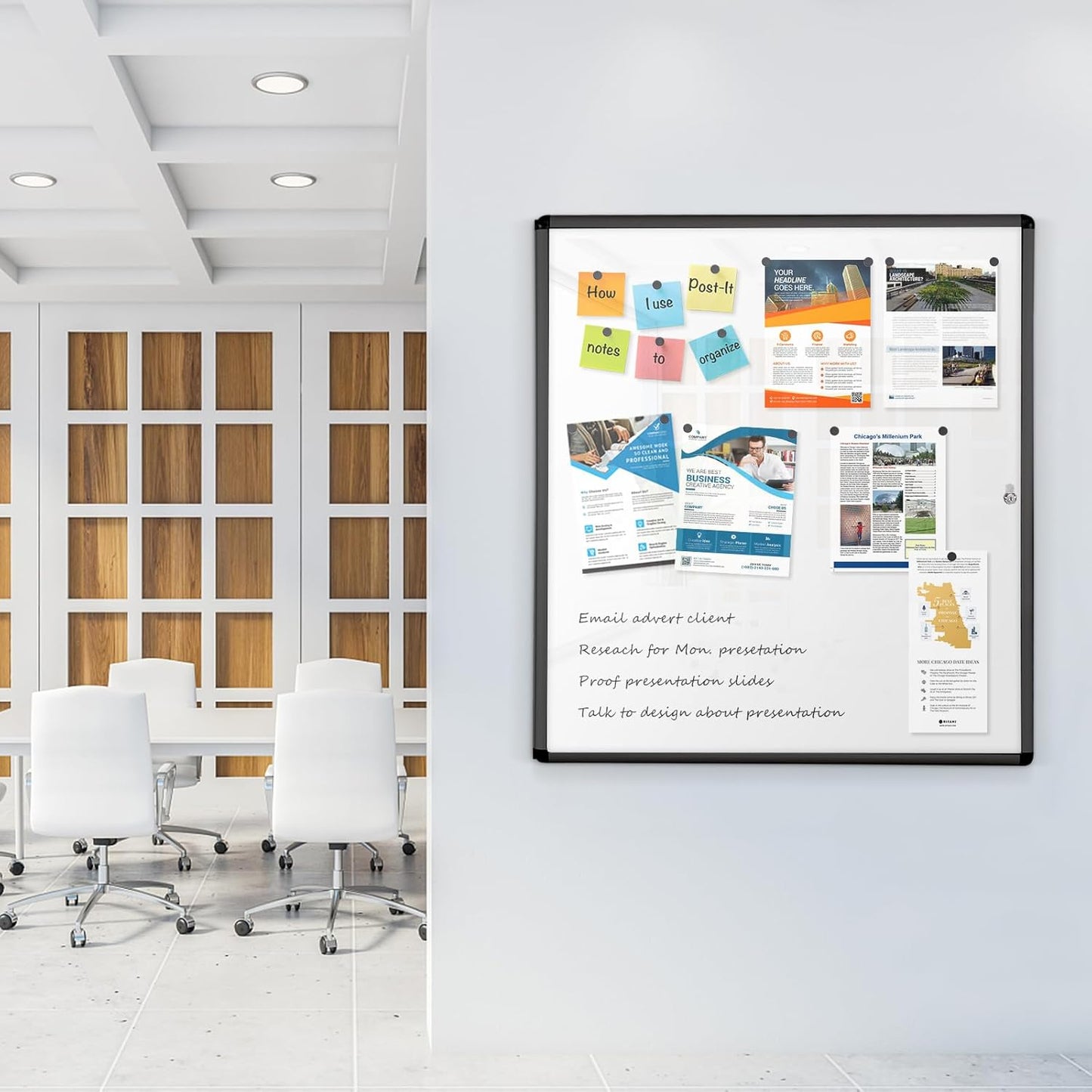 SWANCROWN Enclosed Bulletin Board Black Frame Enclosed Display Case,with Magnets,for School Message Notice, 38x38inch (12xA4)