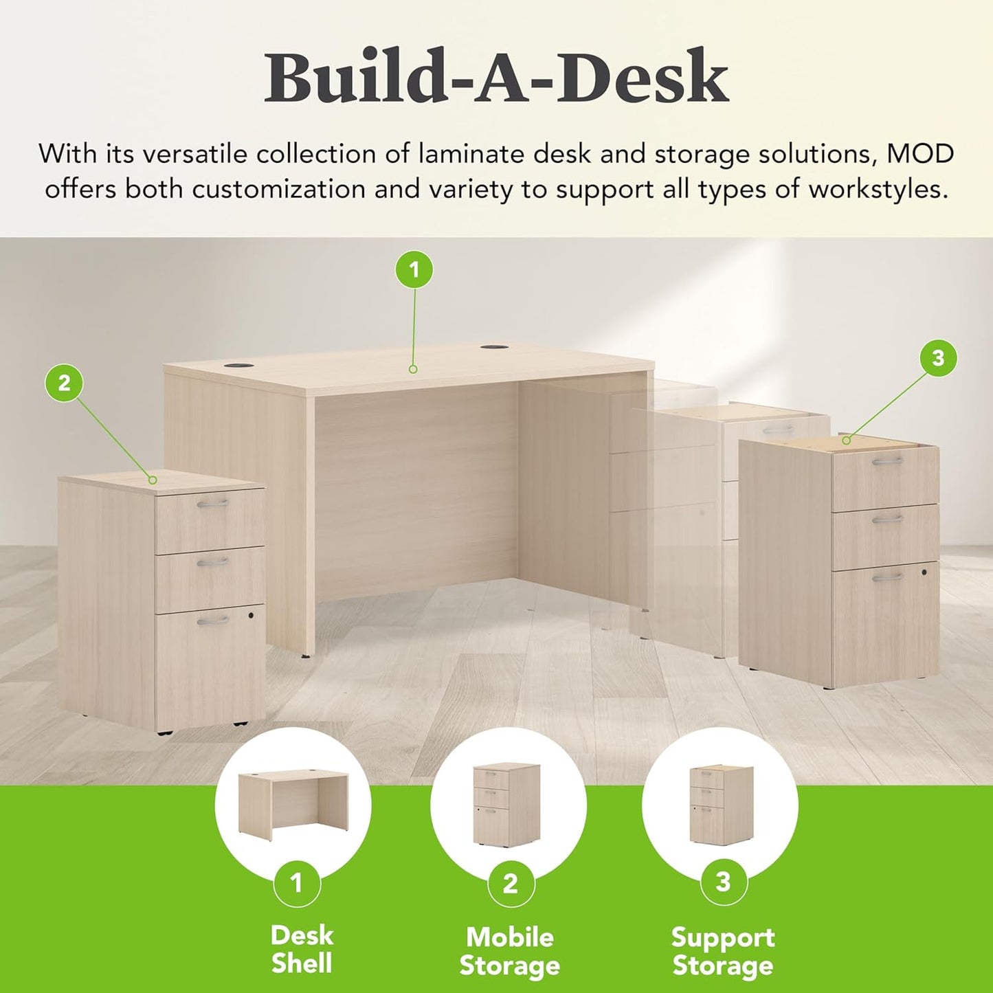 HON MOD Executive Desk 48-Inch Large Computer Desk Shell, Thick Wooden Laminate, Modern Table with Cord Management, 48'W x 30'D x 29'H, Desert Oak