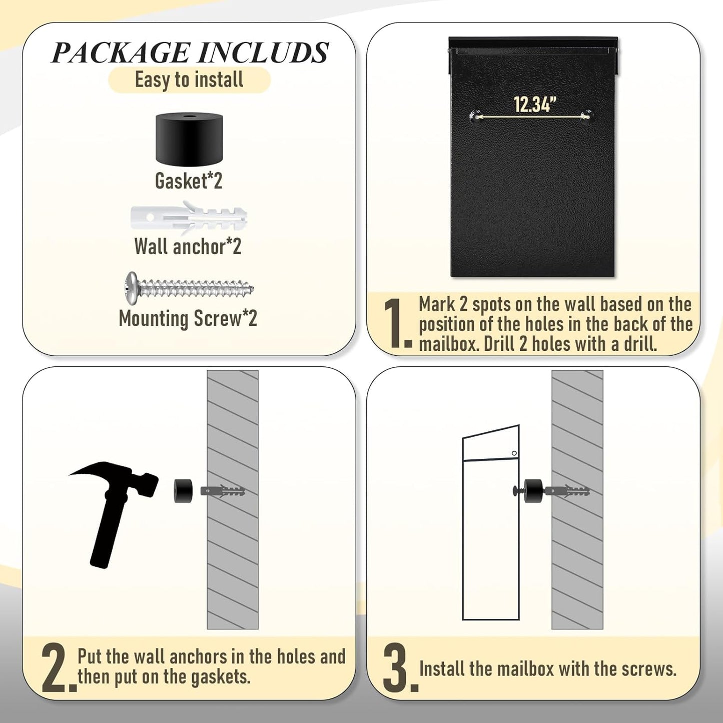 xydled Mail Boxes with Key Lock,Locking Mailbox Wall Mounted,Large Capacity,Steel Cover Metal Postbox for House, Black, 12.34''x8.5''x3''