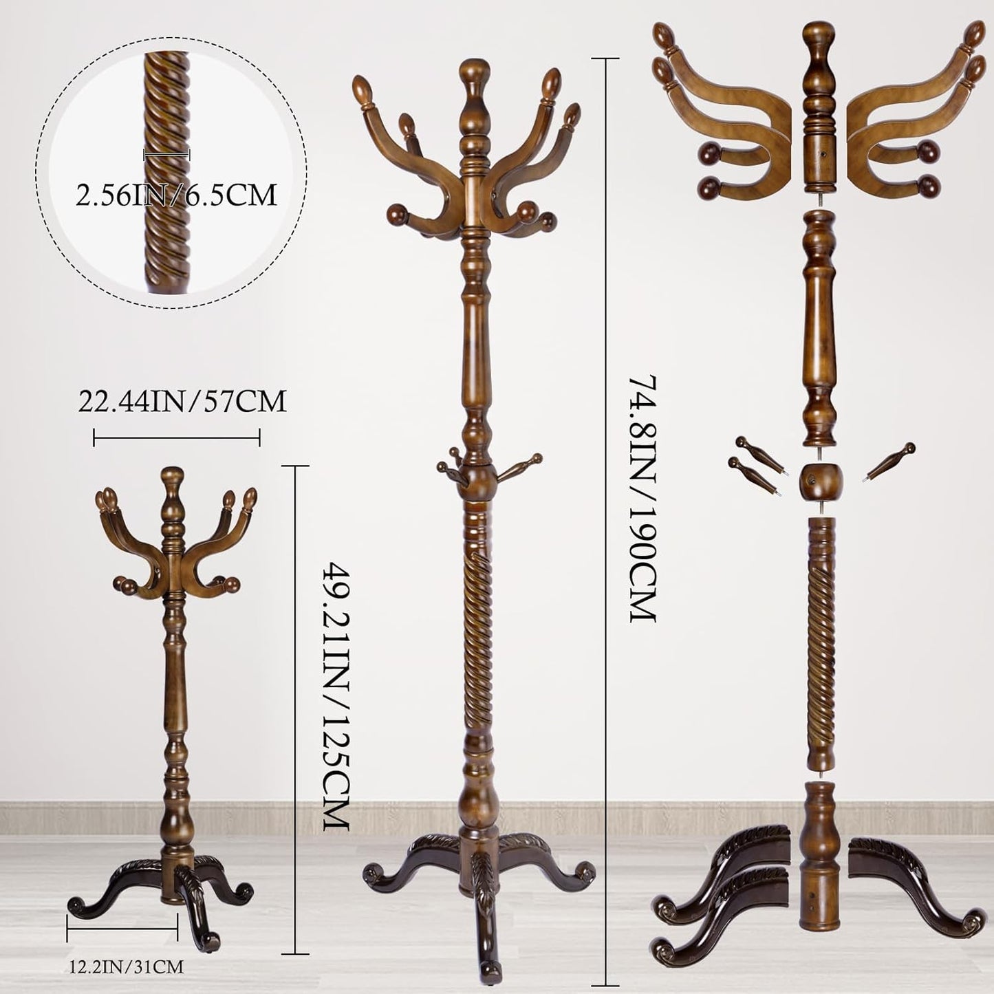 Coat Rack Stand, Solid Wooden Coat Tree with 11 Hooks, Heavy Duty Coat Rack Freestanding with Sturdy Round Base, Natural Birch Wood Coat Hanger Stand for Entryway Bedroom (brown Triangle)