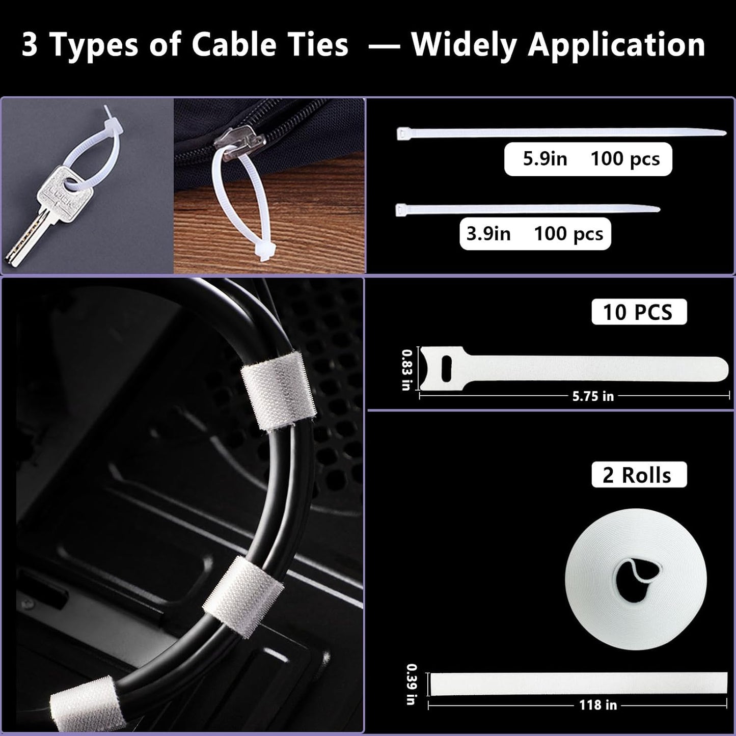 ELII 328Pcs Cable Management Kit, 8 Magnetic Cable Clips,69Adhesive Cable Holder,4 Cable Sleeve Split,22Reusable Cable Strap,200 Nylon Cable Zip Ties with 25 Mounts TV Home(White)