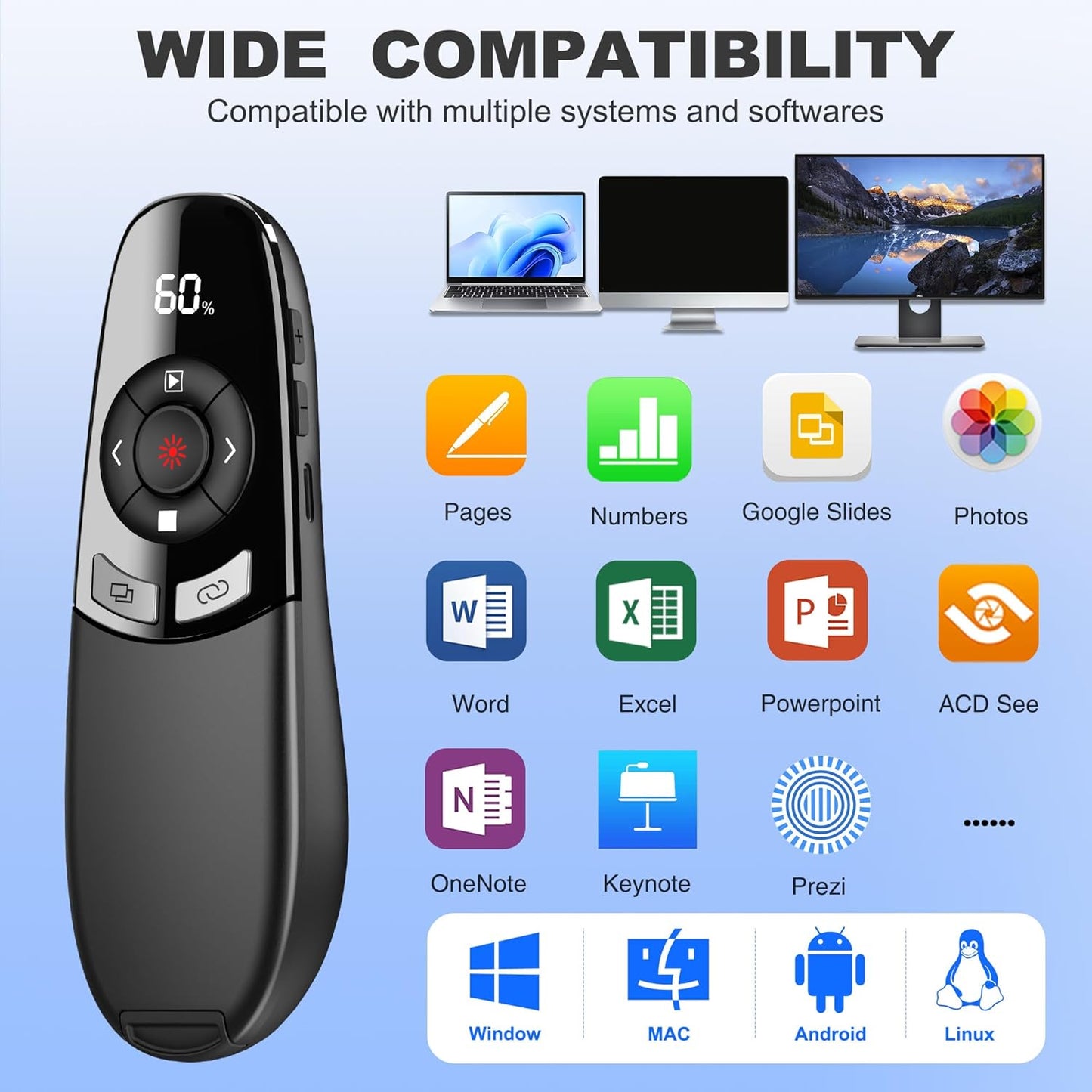 Rechargeable Wireless Presentation Clicker with Red Laser Pointer and Battery & Timer Display, Powerpoint Clicker for PC Mac Keynote Google, Presenter Remote PPT Remote for Powerpoint Presentations