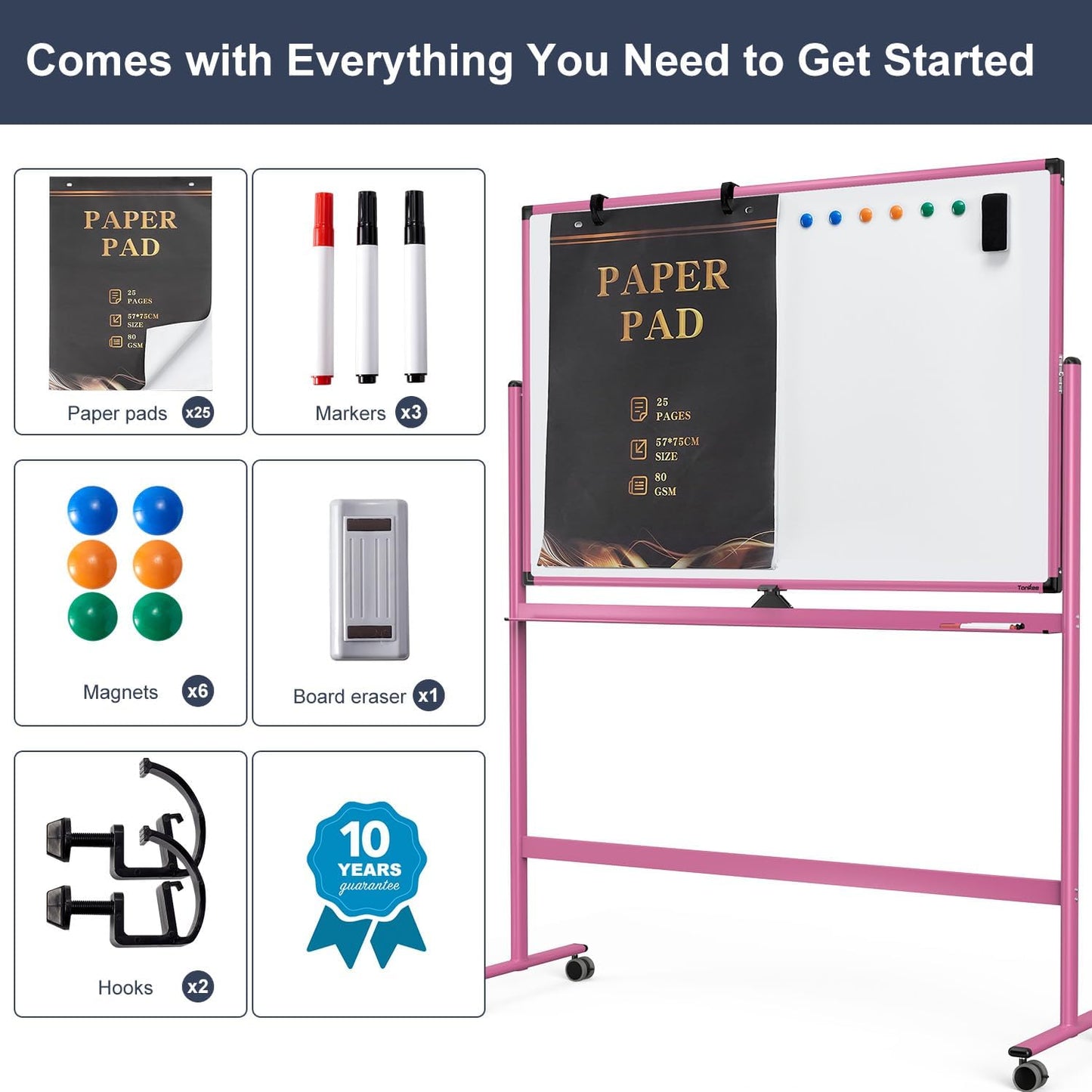 Rolling Whiteboard, 48x32 Inches Dry Erase Board with Stand, Large Mobile Whiteboard on Wheels, Standing White Board for Office, School, Home, Magnetic Double Sided White Board with Paper Pad