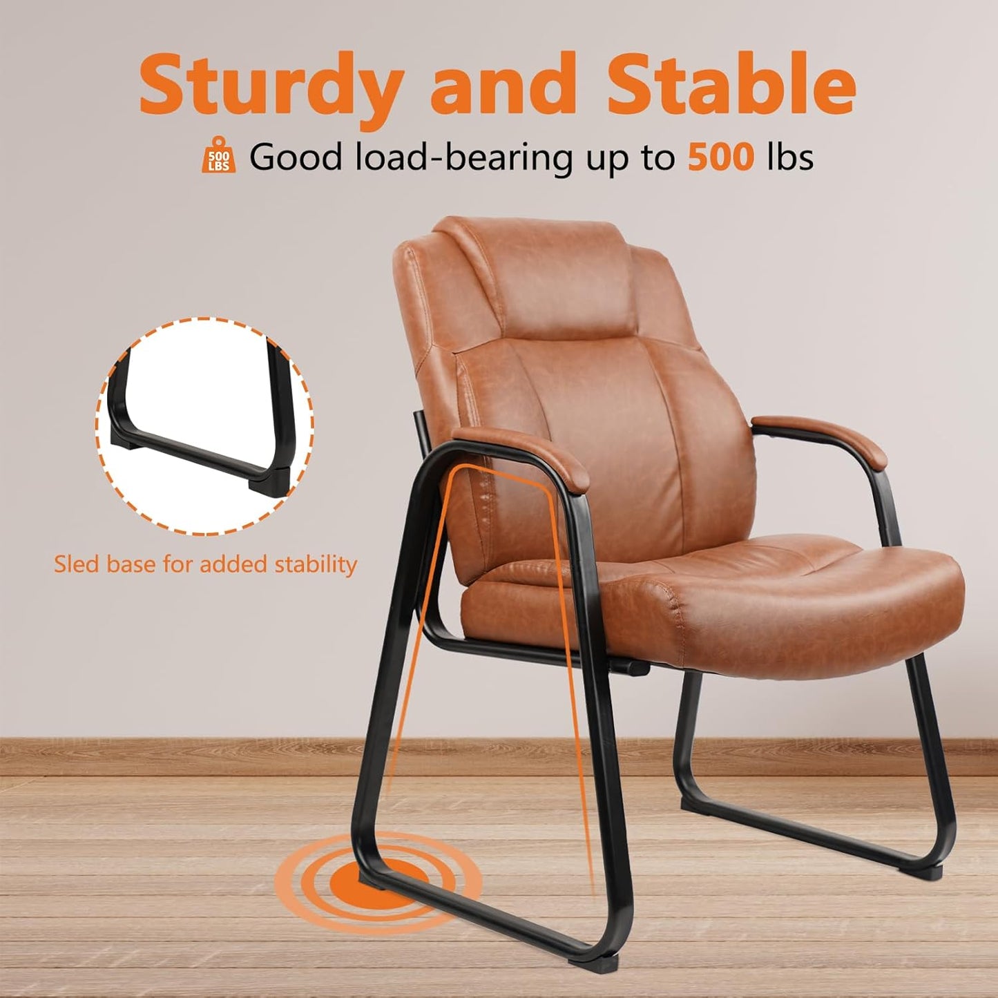 CLATINA Big & Tall 500 lb. Guest Chair, PU Leather Office Reception Chairs with Sled Base, Desk Chair No Wheels for Waiting Room Conference Lobby Computer Living Room, Brown