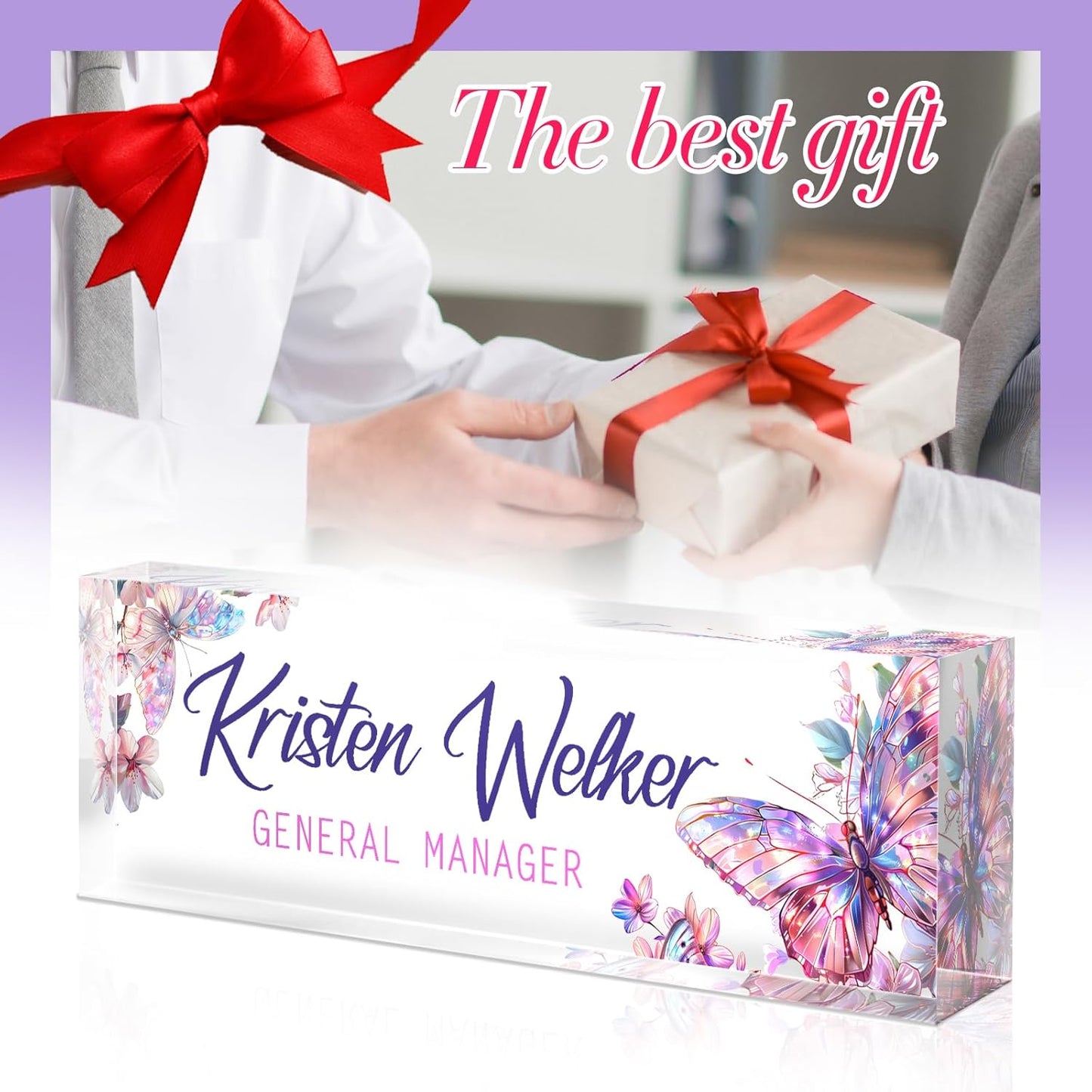 Personalized Name Plate for Desk - Custom Engraved Name Plates for Man - Boss Day Gifts for Boss - Acrylic Office Decor Appreciation Gifts for Teacher Nurse Coworker Social Worker (Butterfly)