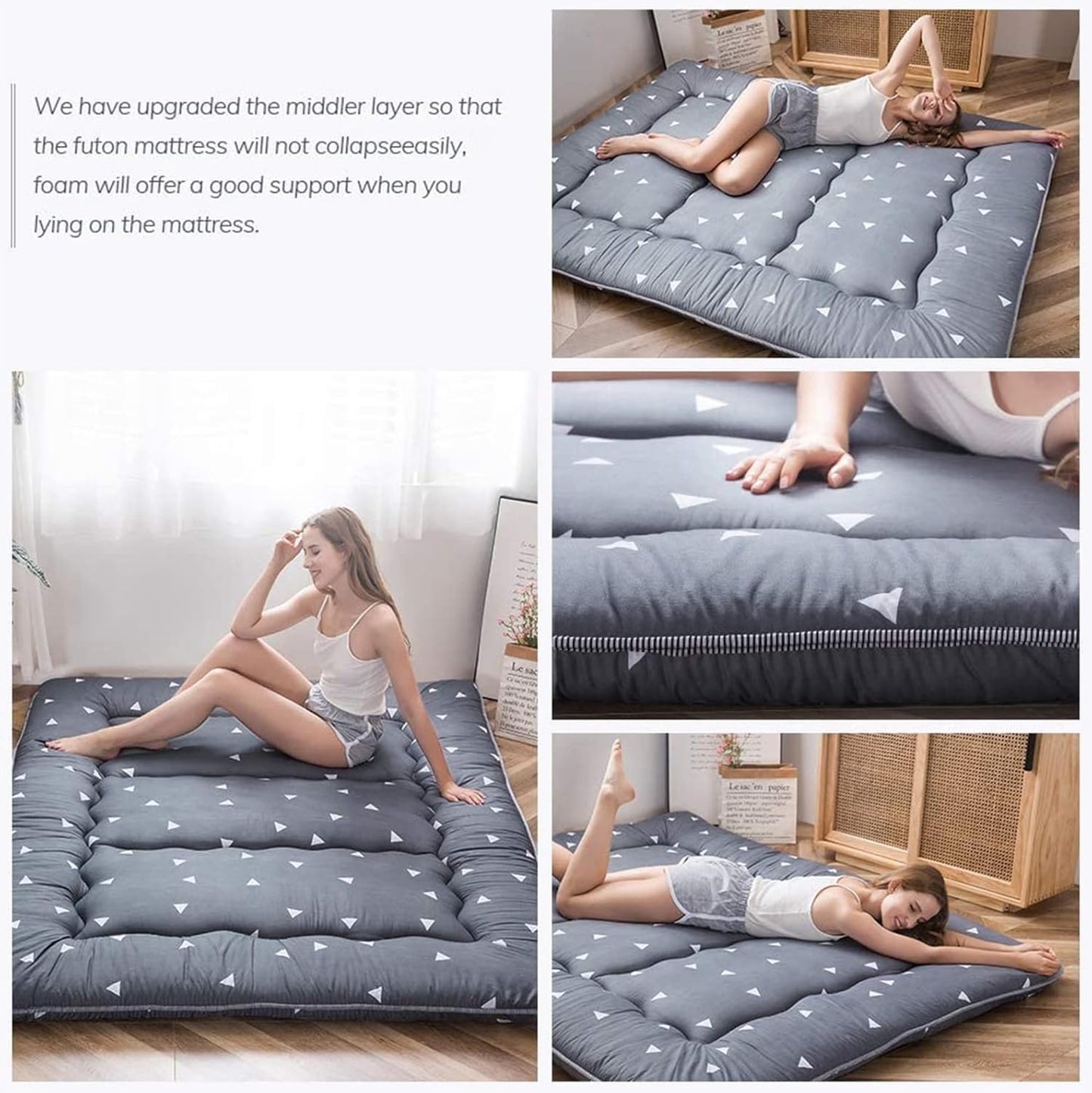 MAXYOYO Grey Triangle Printed Japanese Futon Floor Mattress, Thicken Sleeping Pad Floor Bed Roll Up Camping Guest Mattress Folding Couch Bed, Full Size
