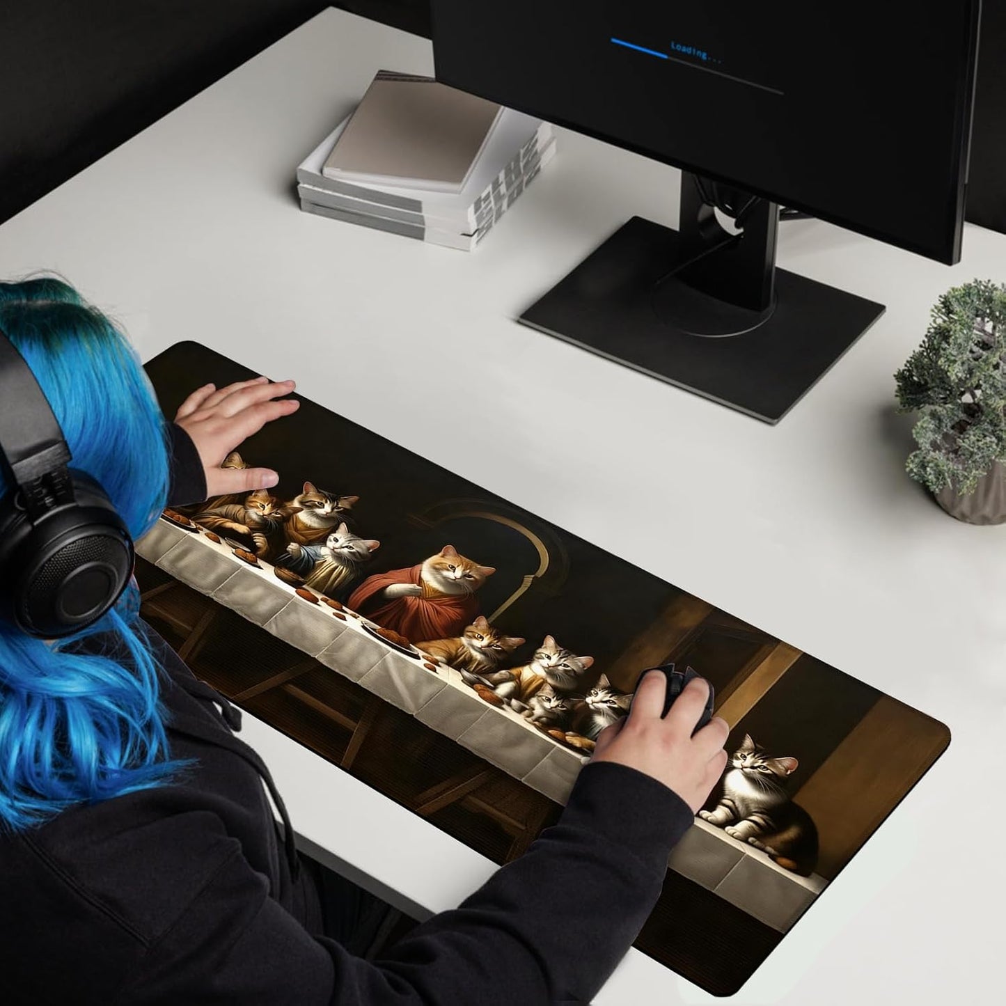 Artistic Cat Last Supper Mouse Pad, Adorable Cats in Religious Scenario Mousepad - Large Non-Slip Desk Mat for Office, PC, Laptop - 31.5"x11.8" x 3mm