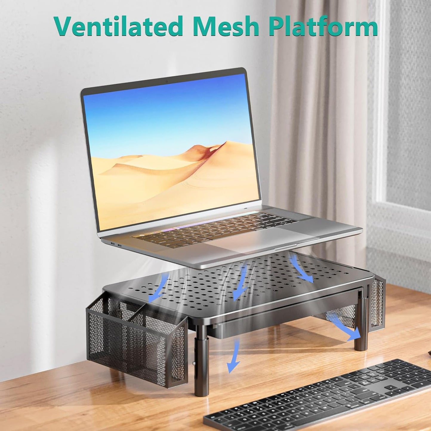 WALI Computer Monitor Stand with Storage, Desk Organizer with Drawer and Pen Holder, Desk Monitor Riser 3 Height Adjustable, Laptop Riser for Computer, Laptop, Printer (STT003DH-B), 1 Pack, Black