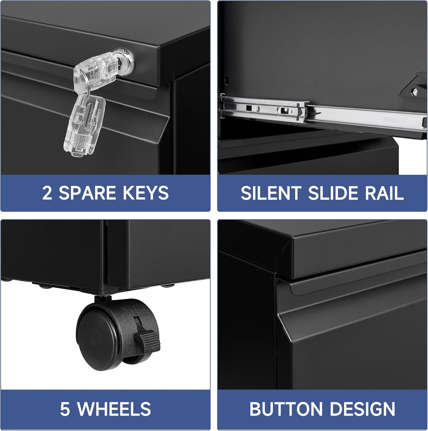 Mobile File Cabinet with Lock - 2 Drawer, Small Rolling Cabinet for Home Office, Legal/Letter/A4 (Black)