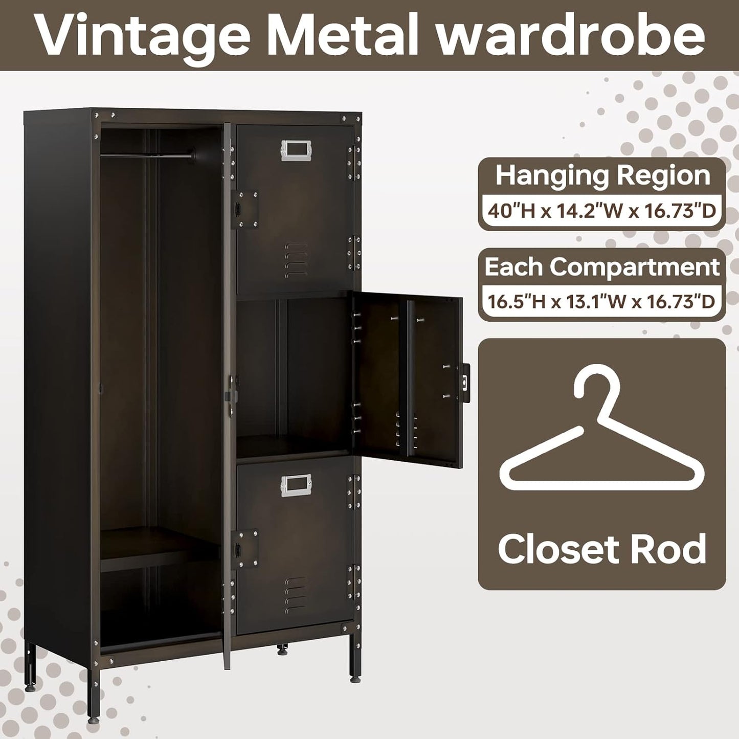 MIIIKO Steel Wardrobe Cabinet Locker, Rustic Metal Storage Cabinet with Shelf, Lockable Doors and Hanging Rod, Industrial Locker for Living Room, Bedroom, Home Office and Club