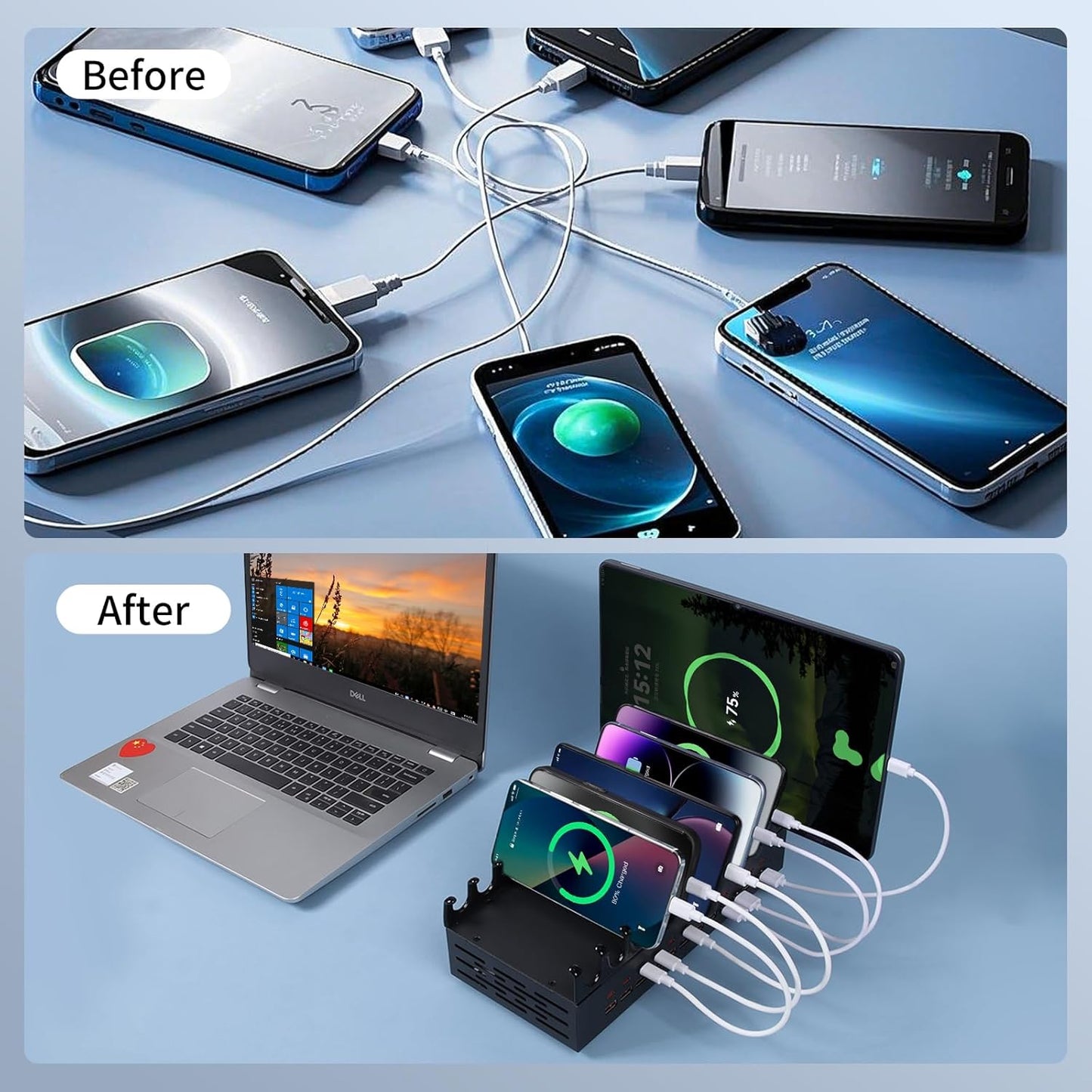 300W Charging Station for Multiple Devices - 24 Ports USB Fast Charging Station with Smart Power Delivery - Kindle, Phone, Tablet Charger Station for Home, Office, School