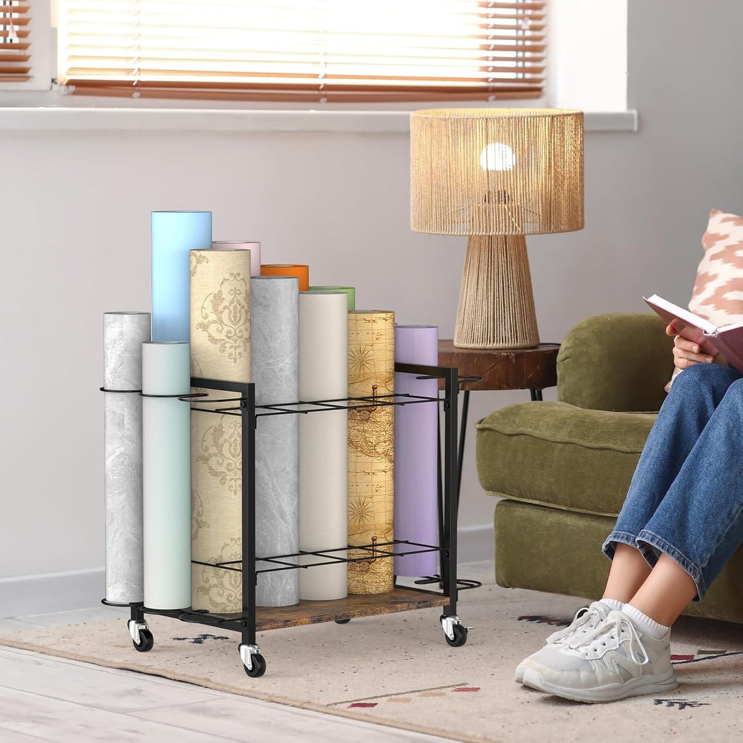 Blueprint Storage Rack Cart,18 Slots Blueprint Holder with Wheels,Used for Wrapping Paper Storage,Gift Wrapping Organizer Storage,Organizing Posters, Architectural Plans and Artwork Stably(Brown)