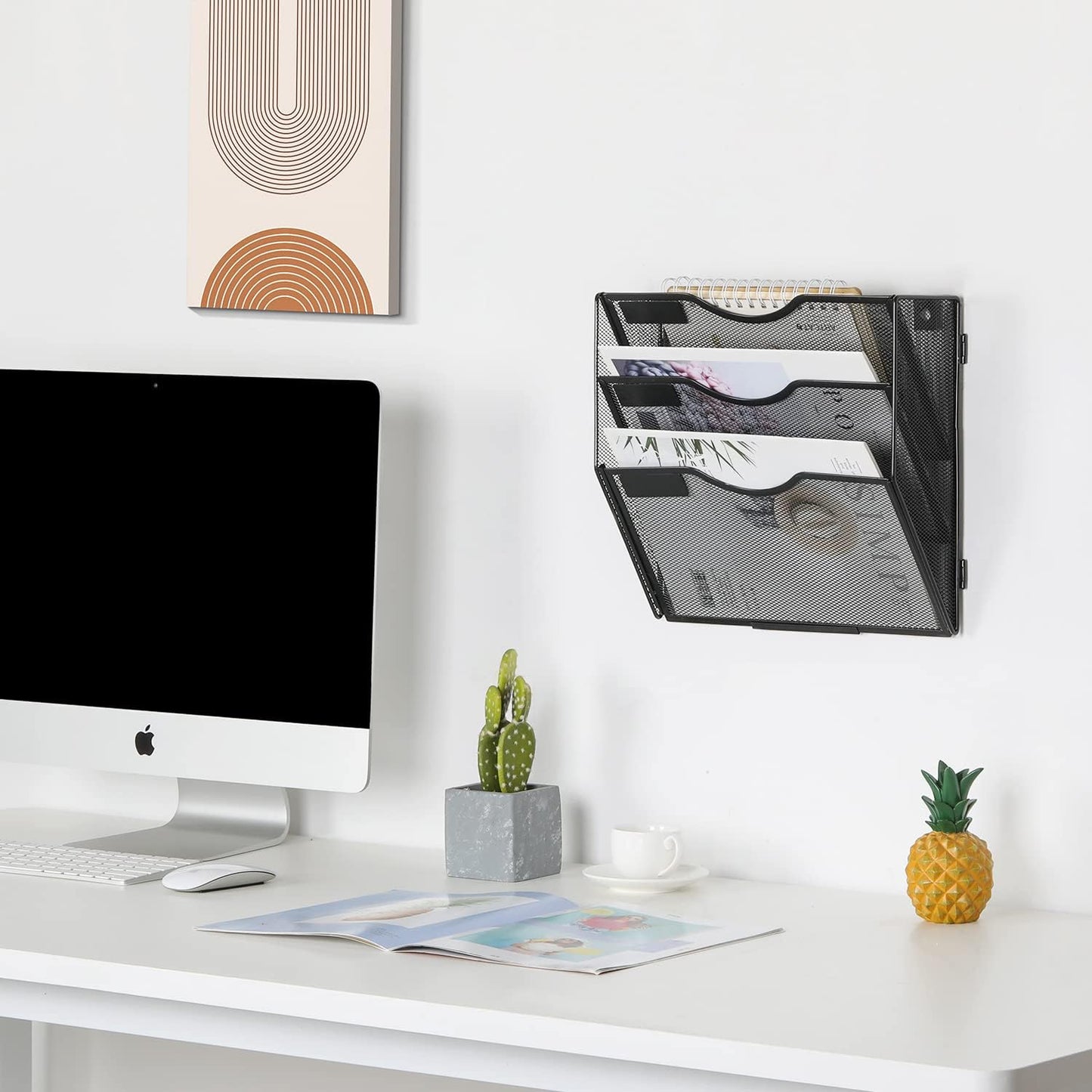 EasyPAG Wall File Holder Organizer 3 Pocket Mesh Hanging Wall Mounted Document Paper Folder Filing Magazine Rack with Nametag Label for Office Home School, Black