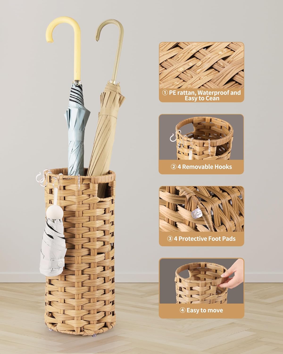 Rattan Umbrella Stand, Umbrella Holder for Entryway, Hand Woven Umbrella Rack Organizer Freestanding, with a Detachable Drip Tray, 4 Hooks, 7.5" L x 7.5" W x 16.5" H