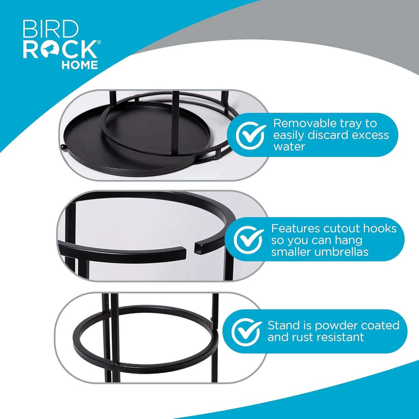 BIRDROCK HOME Circular Umbrella Holder with Removable Drip Tray - Stand for Umbrellas - Entryway - Decorative Metal Freestanding Rack Organizer - Cane Walking Stick Holder - Black