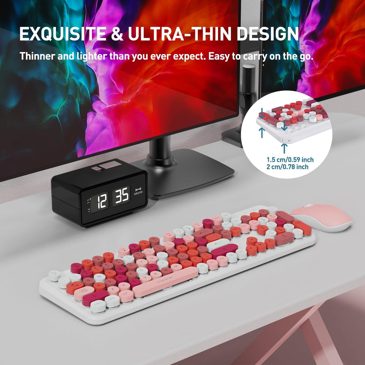 FOPETT 2.4GHz Wireless Keyboard and Mouse Set with Switch Button - Full-Size Keyboard - Compatible for Windows/Laptop/PC/Notebook/Smart TV and More - White Colorful