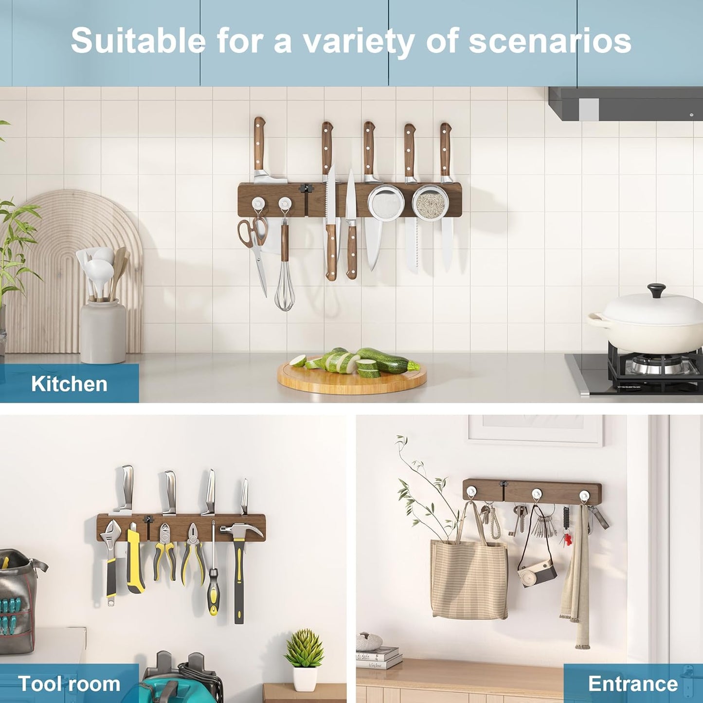 Magnetic Knife Holder for Wall, Acacia Wood Knife Magnetic Strip No Drill Knife Magnet Storage Bar Magnetic Tool Key Holder Strip for Kitchen Utensil Organizer (Dark Brown, 16 Inch Large)