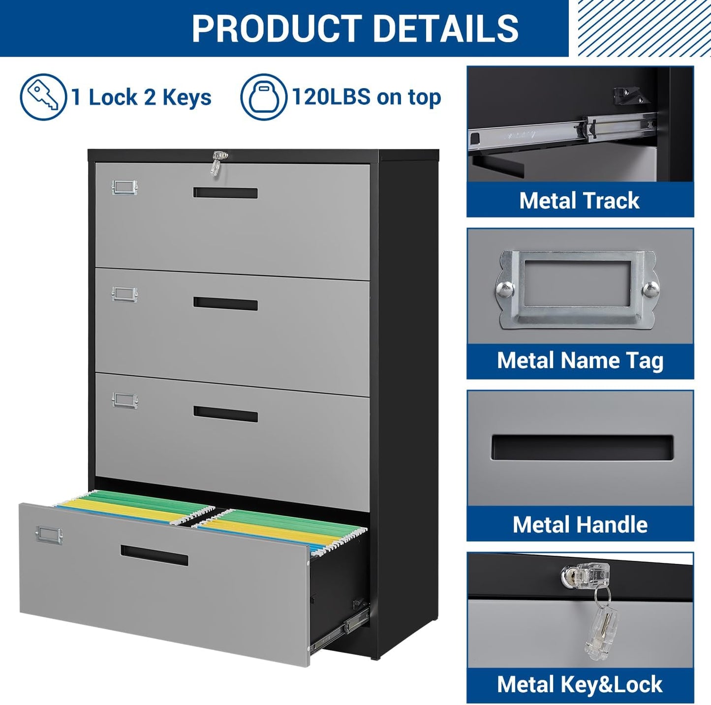 Metal Steel 4 Drawer Lateral File Cabinet with Lock, Filling Cabinets for Home Office, Lockable Storage Cabinet for Hanging Files Letter/Legal/F4/A4 Size-Assembly Required