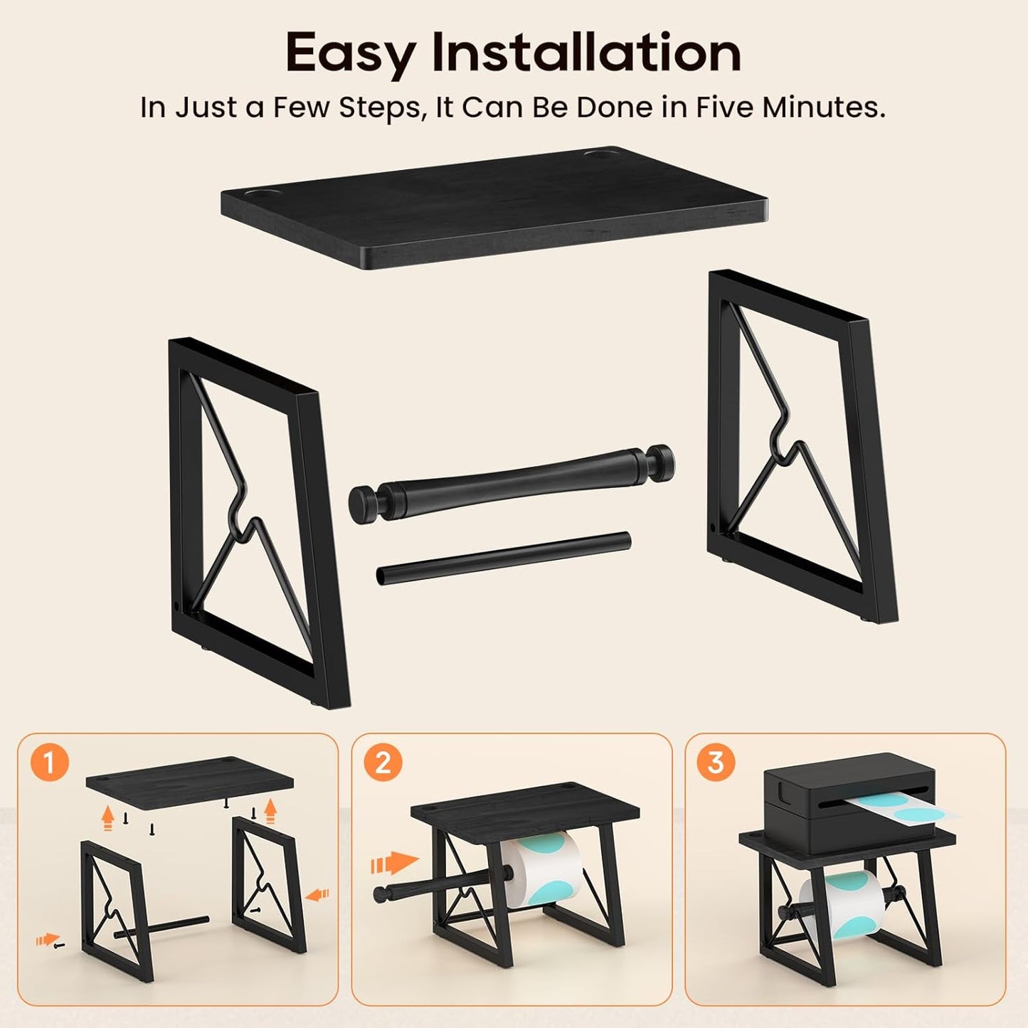 Label Holder for Rolls and Fan-fold Labels, Wooden Label Stand for Shipping Label Printer, Sticker Roll Holder Thermal Printer Accessory for Home, Office (Black)