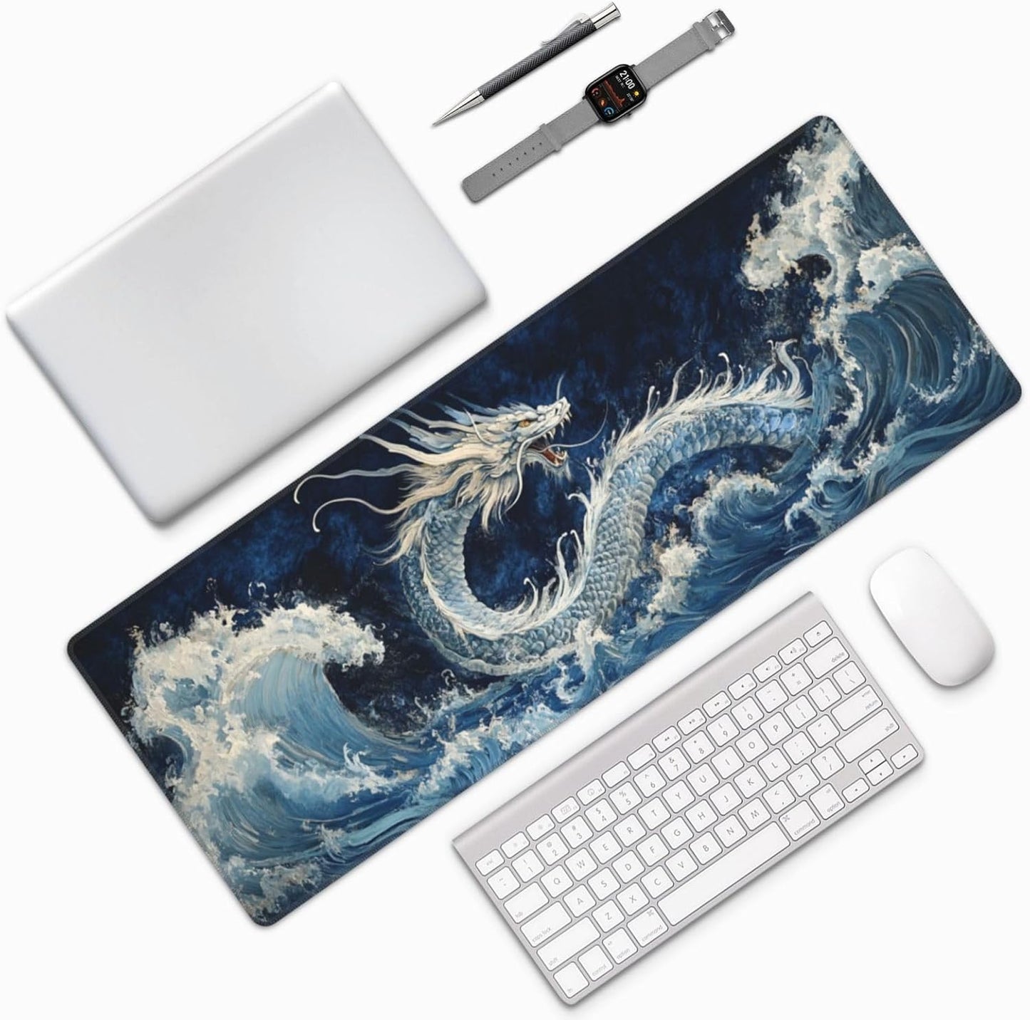 Dragon Wave Mouse Pad 31.5 X 11.8 Inch Big Desk Rubber Base Stitched Edges Keyboard Pad XXL Mouse Mat for Home Game and Office