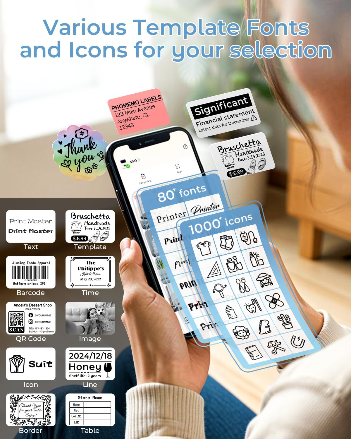 Phomemo Barcode Label Printer - M110 Label Maker Portable Bluetooth Label Maker Machine for Small Business, Barcode, Address, Logo, Clothing, Jerwery, Thermal Printer Compatible with Phones & PC, Blue