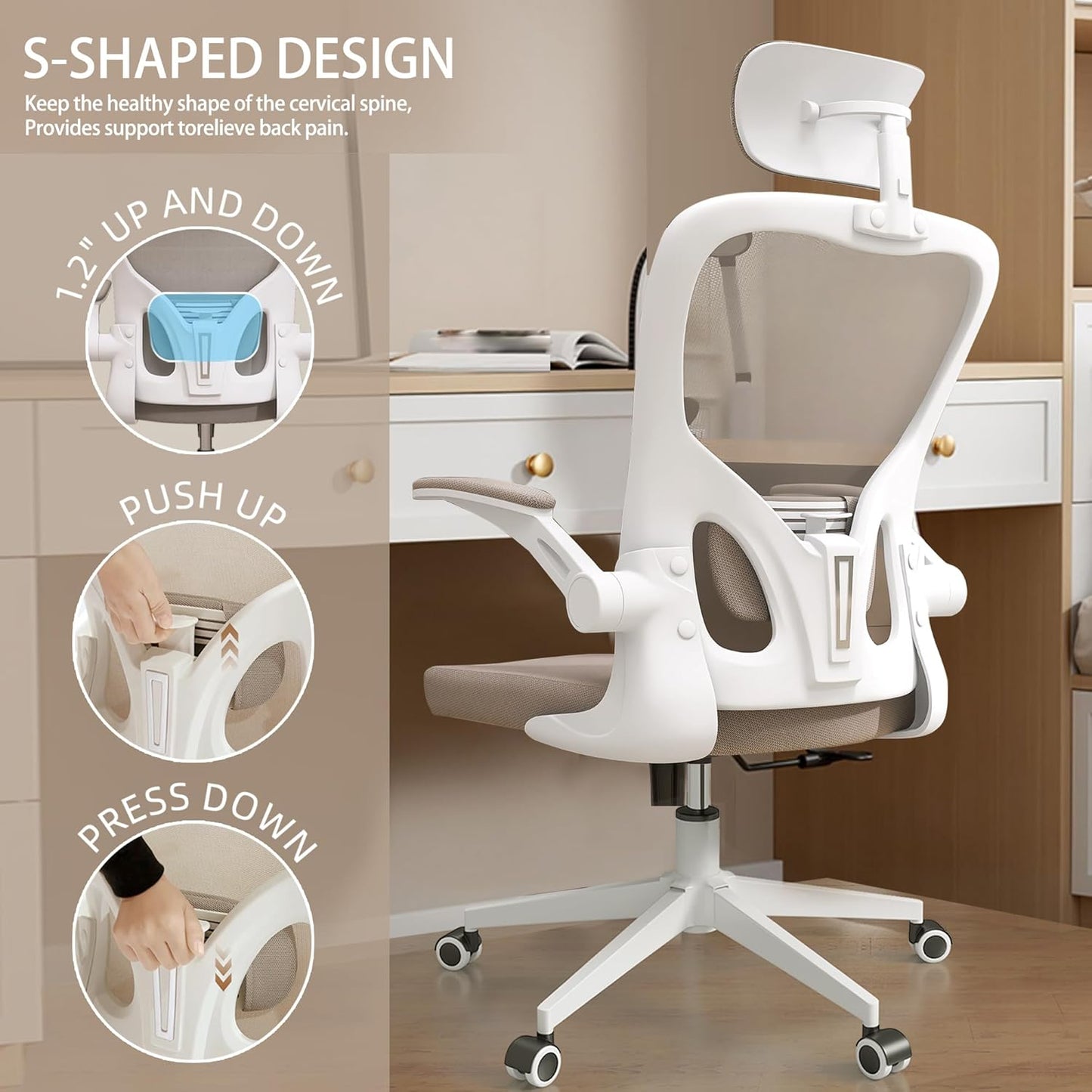 Ergonomic Office Chair, High-Back Mesh Computer Desk Chair with Adjustable Height, Lumbar Support, Flip-Up Armrests,headrest,and Swivel Rolling Design for Home and Office Use
