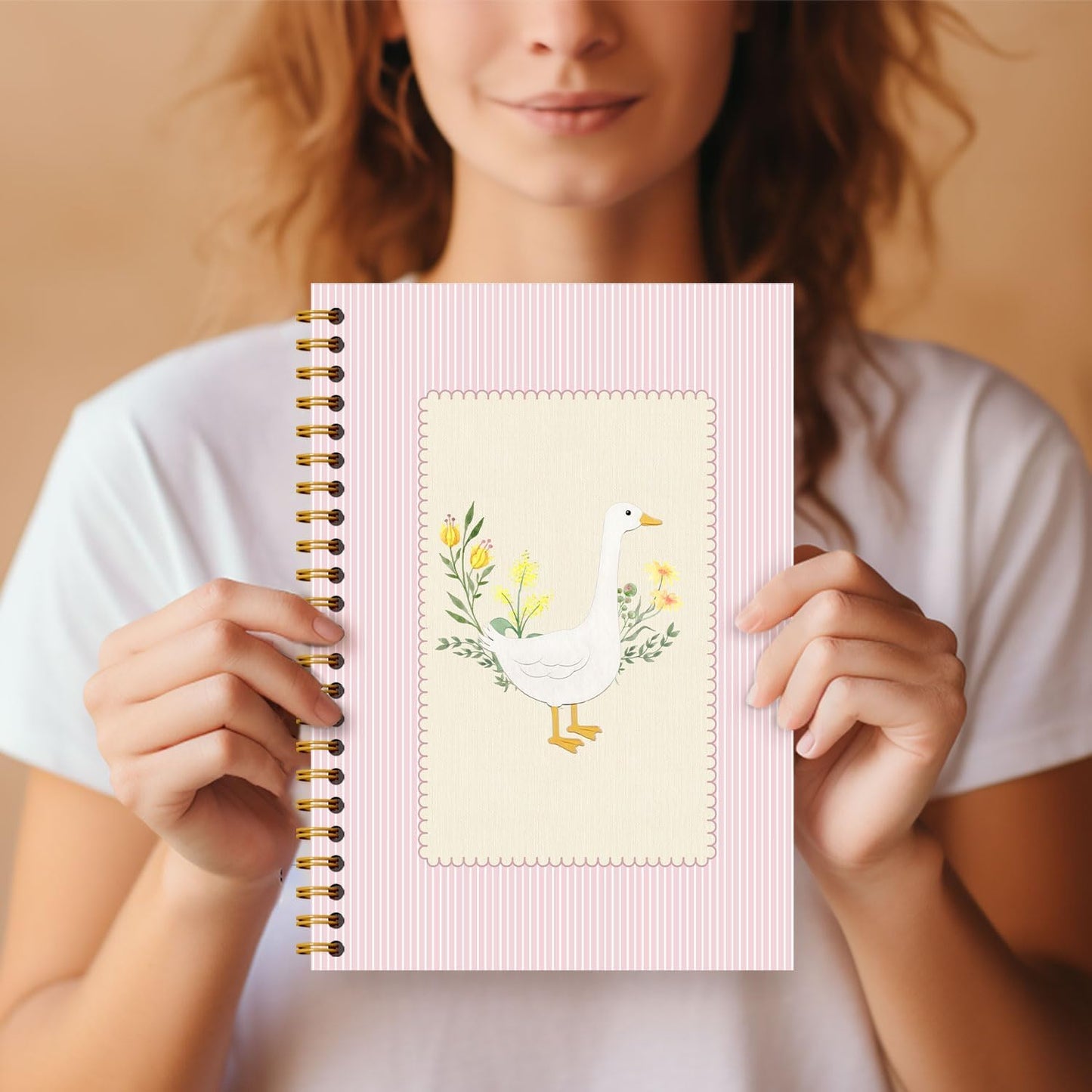 Pink Floral Goose Notebook, Cottagecore Botanical Goose Journal, Rustic Aesthetic Farm Animal Journal, Animal Lover Gifts Hardcover Spiral Notebooks 5.5x8.3 Inch