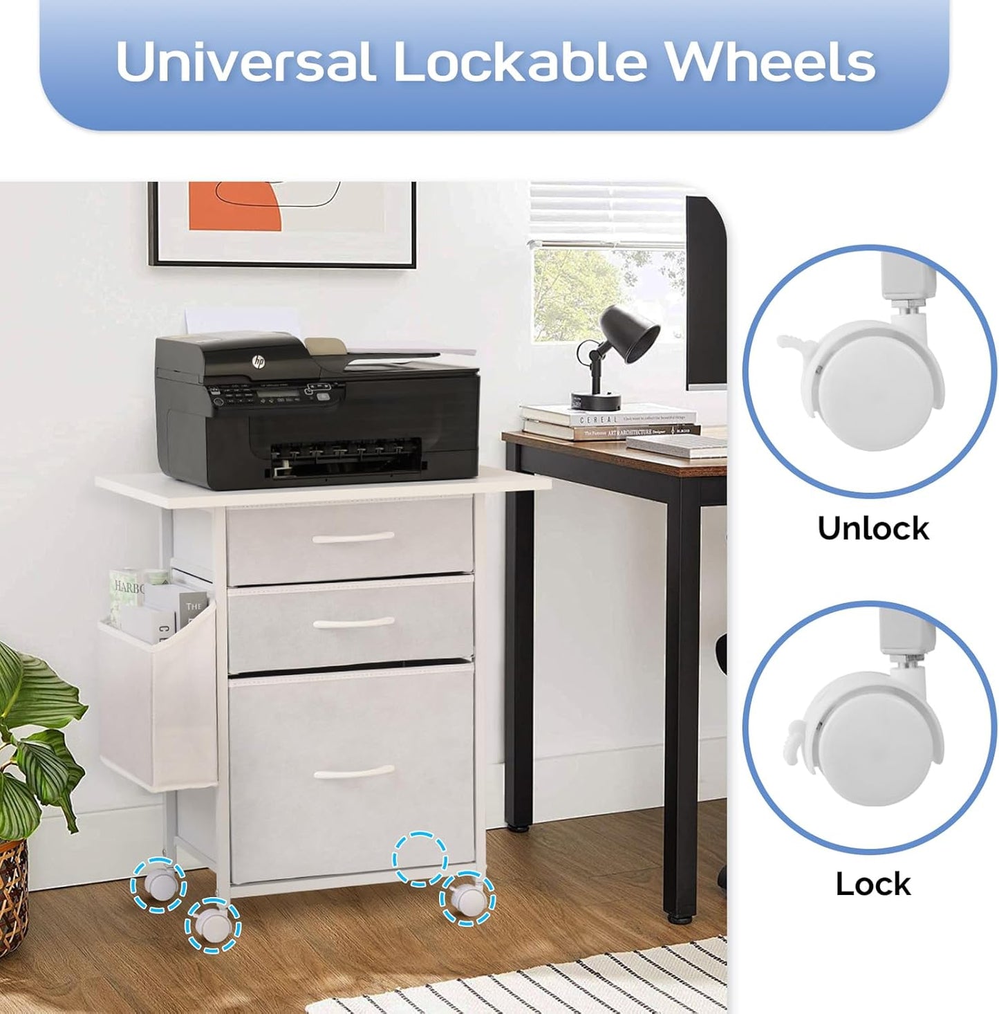 Printer Stand with 3 Fabric Drawer, Mobile File Cabinet for Home Office with Storage Bag, Rolling Under Desk Organizer Shelf, Fits A4 or Letter Size, Complete Top Plate Fast Assembly (White)