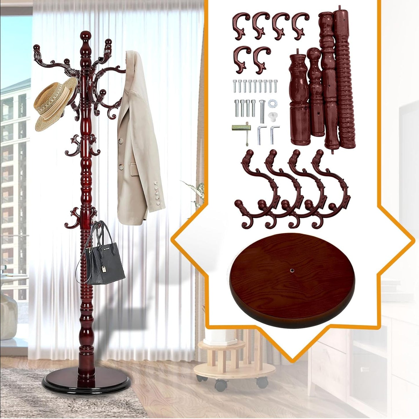Wooden Coat Rack Free standing 18 Hooks, Vintage Coat Rack Stand for Entryway, Adjustable Height 73", Heavy Duty Coat Tree with Solid Round Base for Home Bedroom, Office (Walnut)