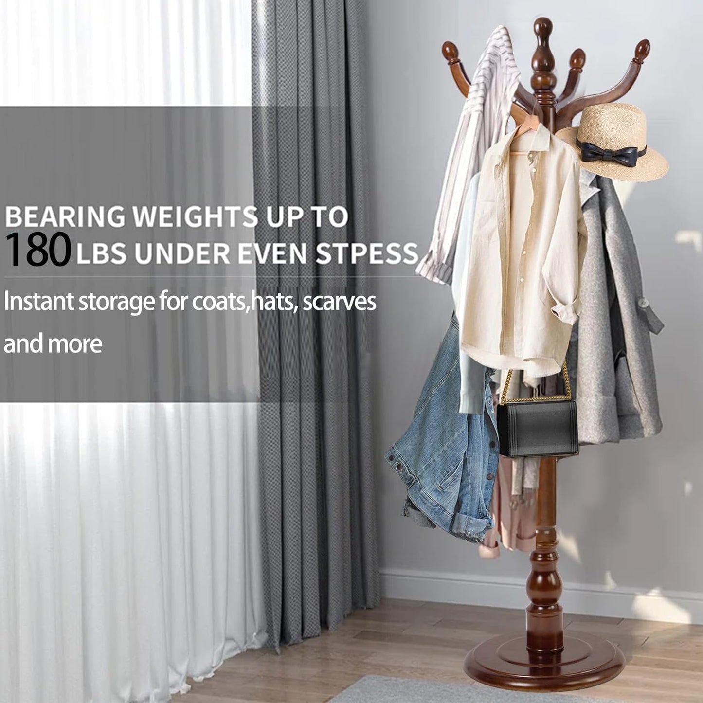 Wooden Coat Rack, Heavy Duty Coat Rack Freestanding with 11 Smooth Hooks, Coat Tree, Vintage Clothes Hanger Stand with Stable Disc Base for Bedroom, Entryway, Office-Load 180lbs (Walnut Brown)