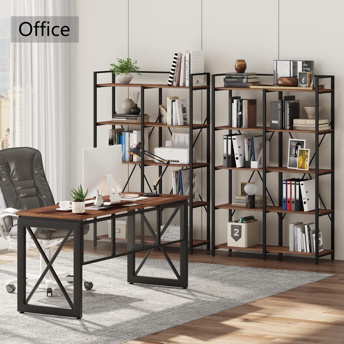 BON AUGURE Industrial Bookshelf, Bookcases and Bookshelves Etagere, Tall Large Farmhouse Book Shelves, 5 Tier Open Bookcase, Wood Metal Shelving Unit for Bedroom, Office (Rustic Oak)