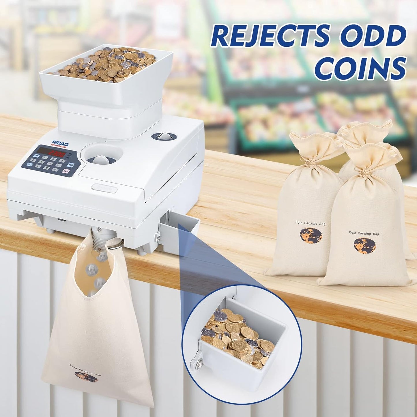 Ribao HCS-3300 High Speed Coin Counter, Heavy Duty Bank Grade Coin Sorter with Large Hopper, Two-Year Warranty