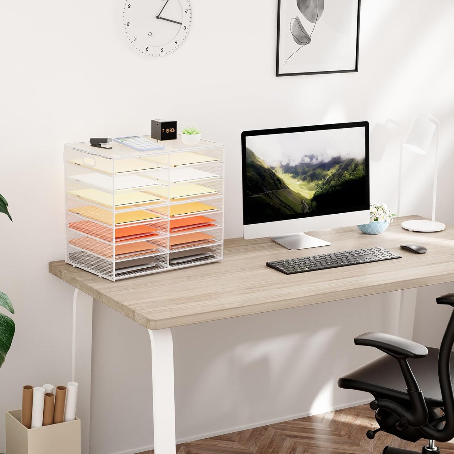 Marbrasse 8 Tier Desktop Literature Organizer, Mesh Paper Organizer Desk Organizers, File Sorter Mail Center Paper Storage Cabinet Classroom Keepers Mailbox for Office Home School, White