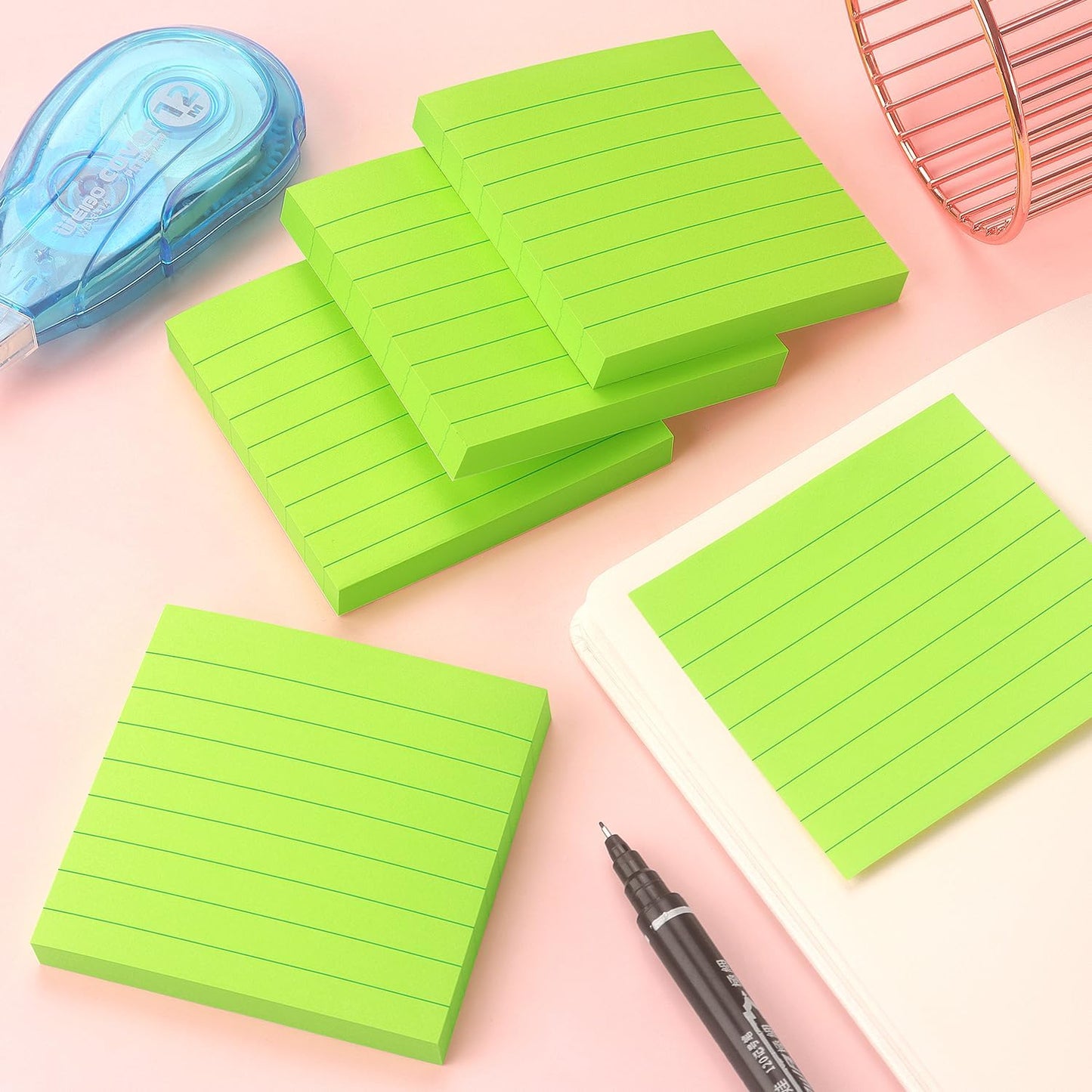 Lined Sticky Notes 3x3 Sticky Notes with Lines Self-Stick Notes Bright Color 4 Pads 90 Sheets/Pad (Green)