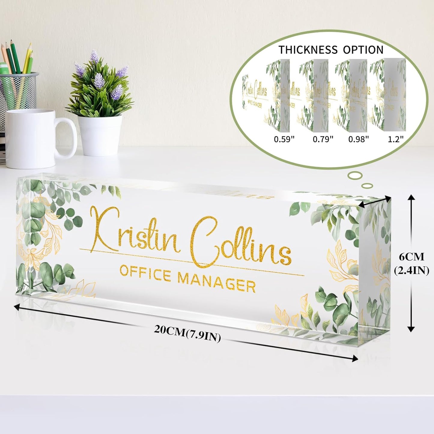 Custom Name Plate for Desk, Acrylic Office Decor For Women Men, Personalized Office Desk Accessories, Teacher Employee Appreciation Gifts For Social Worker Boss Coworkers (Green Leaves)