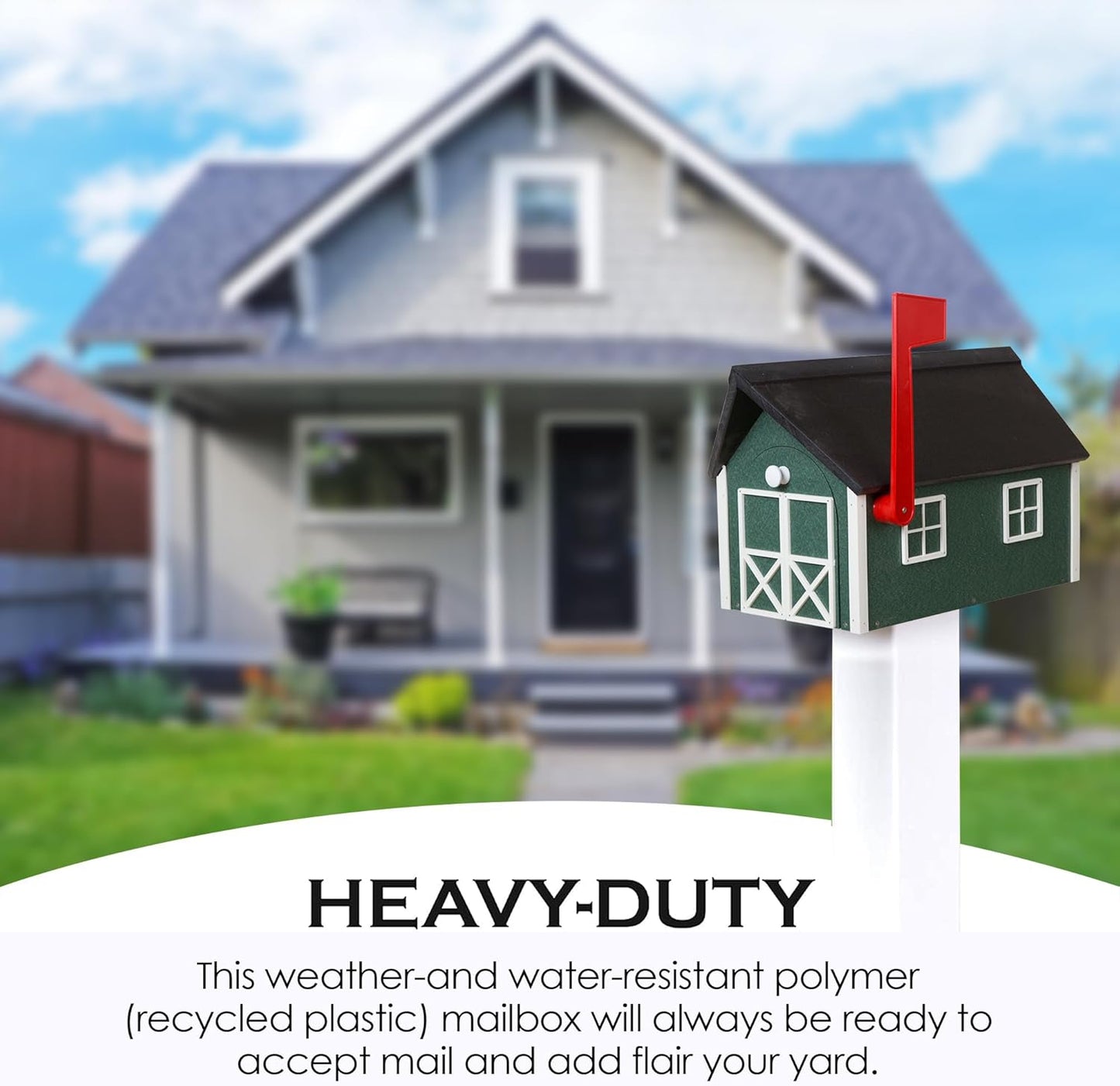 Peaceful Classics Poly Mailbox- Durable, Weather-Resistant Amish Craftsman Mailboxes for Outside Uses Like Front Yard and Road Side- Long-Lasting, Decorative, Modern Mailbox (Green with White Trim).