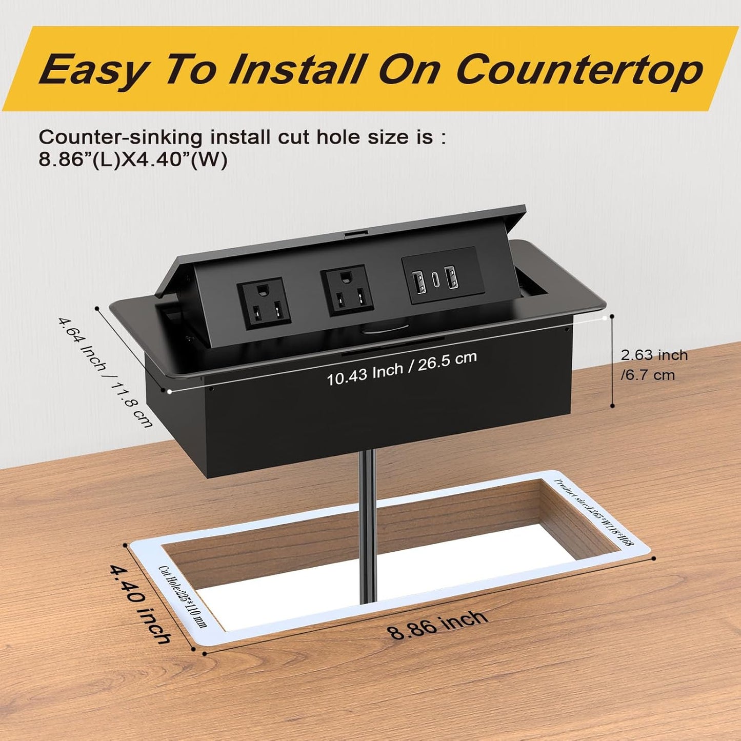 UL Listed Recessed Power Strip, Pop Up Power Cover Box Desktop Socket with PD 20W USB C Charging Ports, Stainless Steel Receptacle Outlet for Conference Room Countertop (Black-USB C)