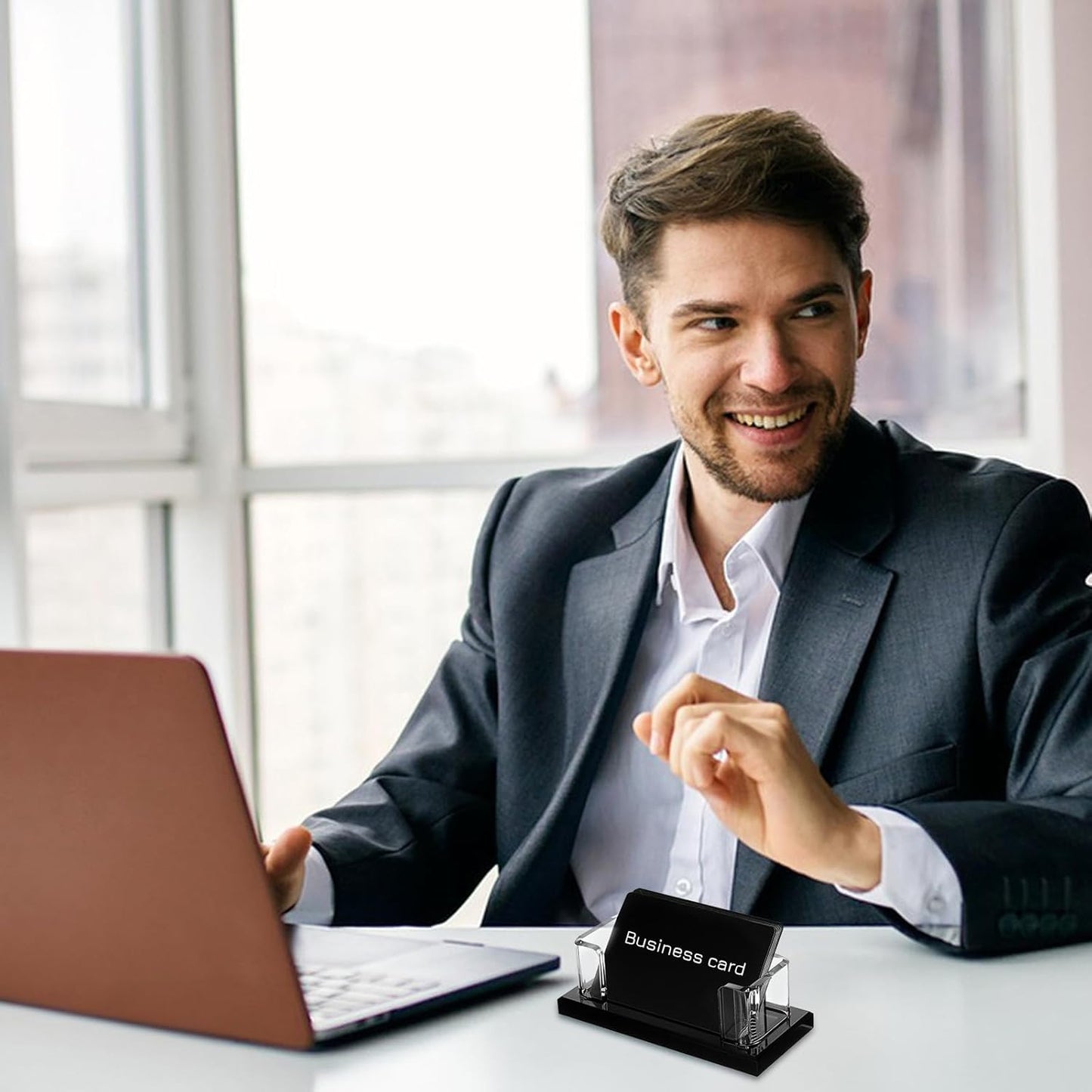 4 Pack Acrylic Business Card Holder for Desk, Clear Professional Display Stand with Stable Base, Office Desktop Organizer for Conferences, Events, Reception