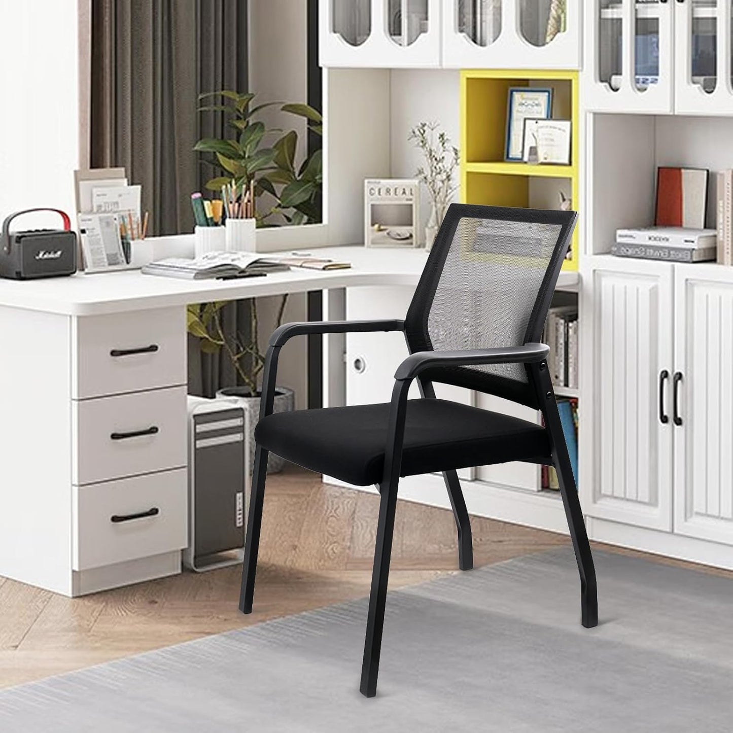 Desk Chair No Wheels, Arm Chair with Ergonomic Lumbar Support and Thickened Seats Cushion, Waiting Room Chairs for Office School Church Guest Reception, 8 Pack Black