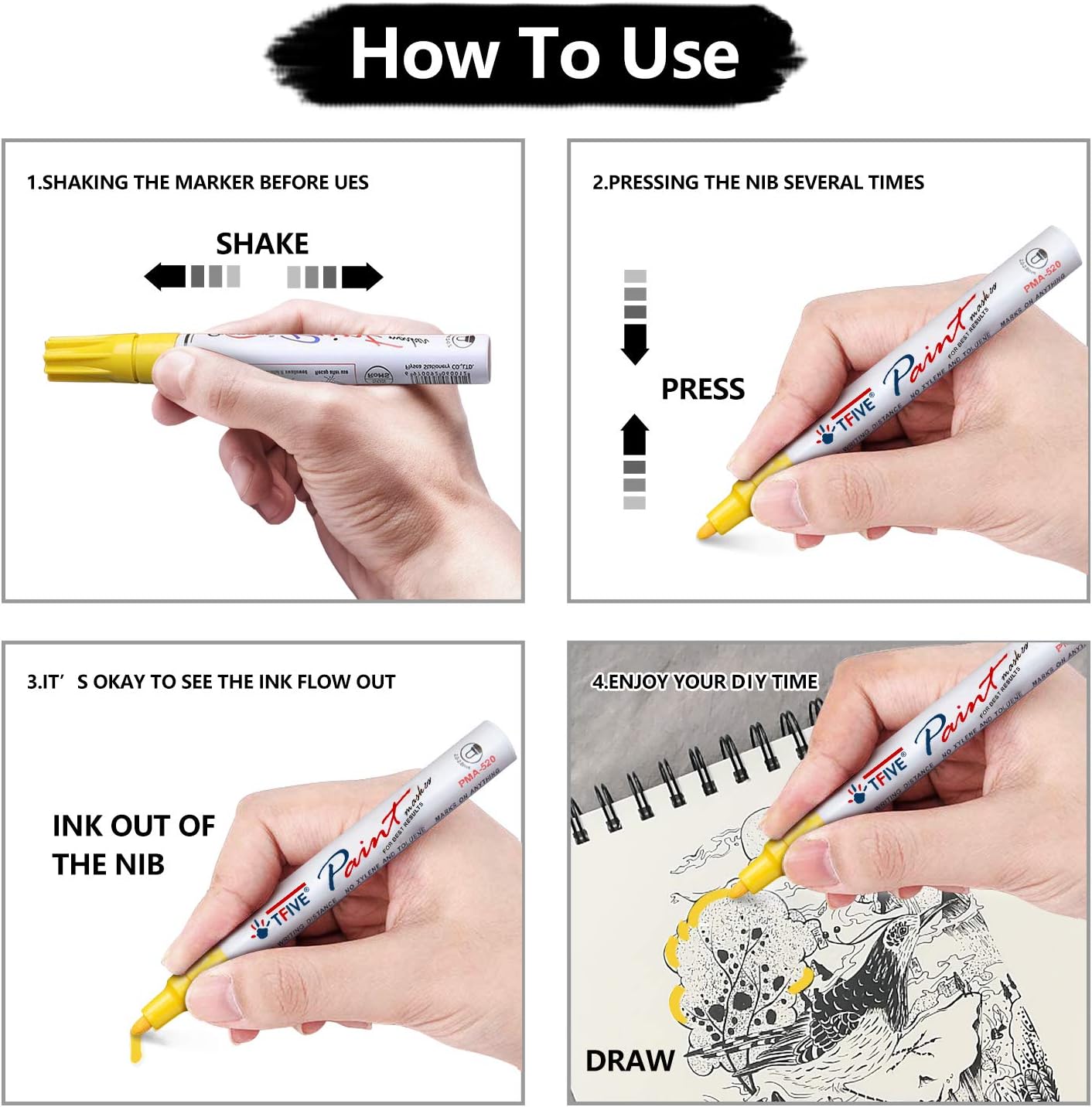 TFIVE Yellow Permanent Paint Marker Pens - 2 Count Oil Based Marker Pen, Medium Tip, Waterproof & Quick Dry, for Office, Art projects, Rock Painting, Ceramic, Glass, Wood, Plastic, Metal, Canvas