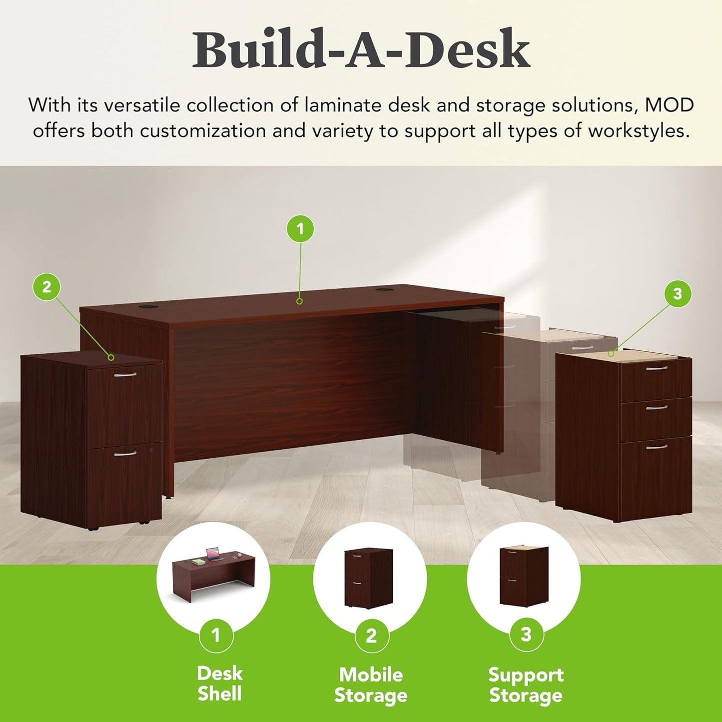 HON MOD Executive Desk 72-Inch Large Computer Desk Shell, Thick Wooden Laminate, Modern Table with Cord Management, 72" W x 30" D x 29" H, Traditional Mahogany