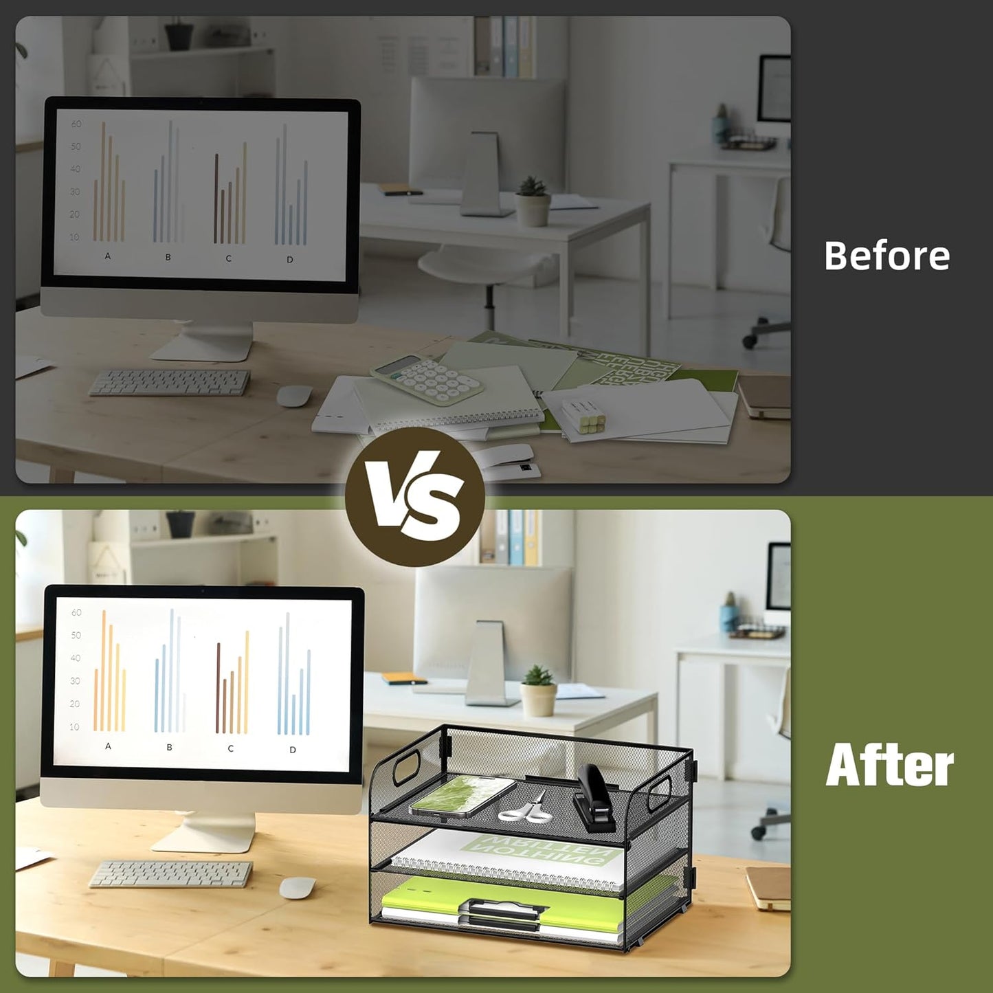 Daltrack 3-Tier Mesh Desk Organizer with Handle - Paper Tray Organizer for A4 Files, Black 2 Pack