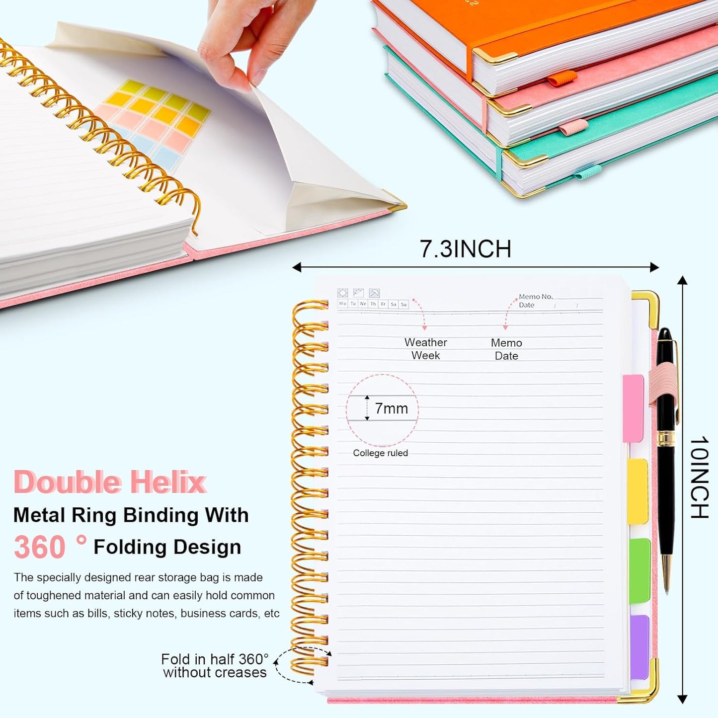 Hardcover Spiral Notebook 8"x10" Journal Notebook with Tabs and Removable Dividers 300 Pages 5 Subject Notebook College Ruled, Faux Leather Spiral Bound Notebook for Women, Students, School Work (Pink)