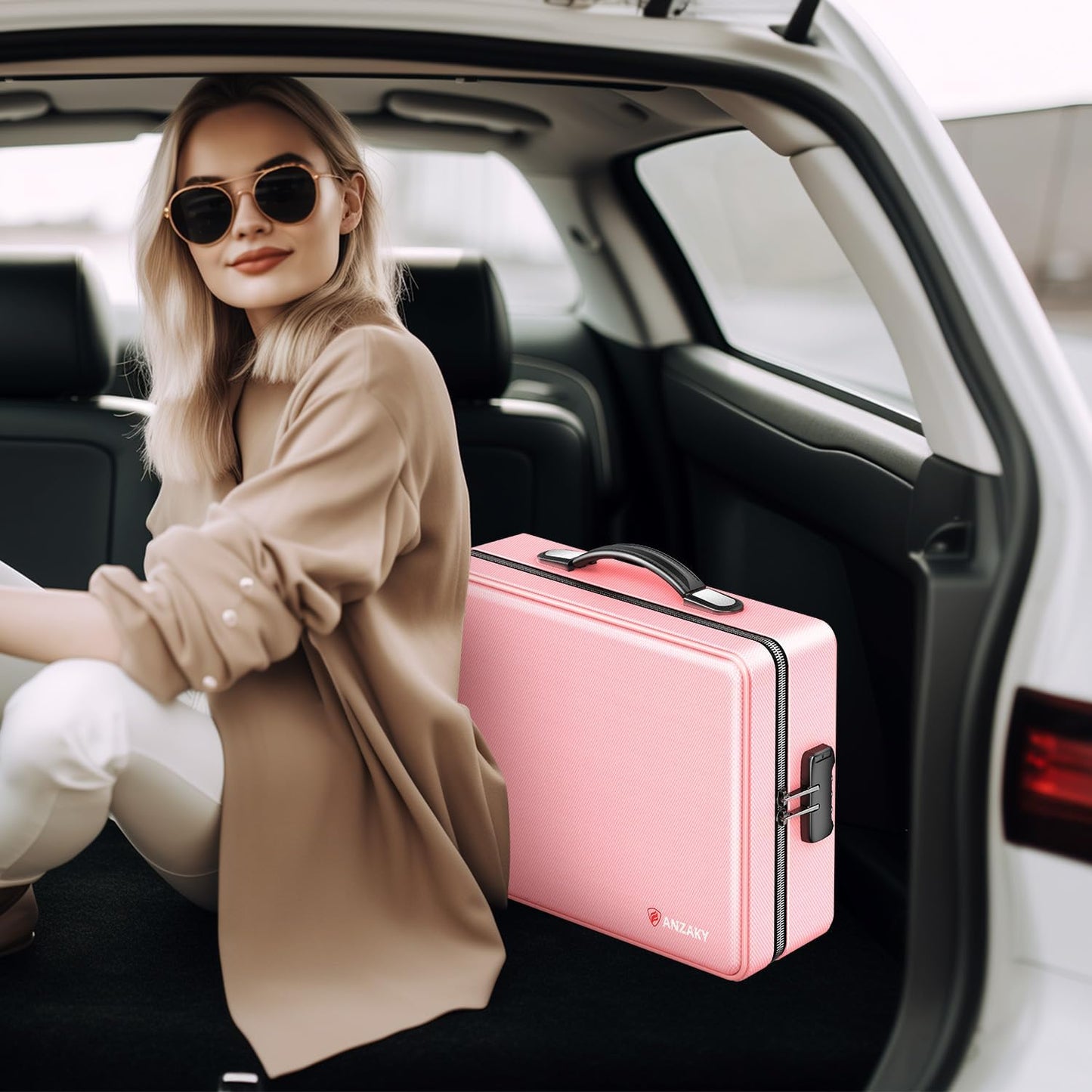 Fireproof Document Box with Fireproof Zipper, Hard Inner Shell Fireproof Document Bag with Lock, Fireproof Water Resistant Important Document Organizer 16 inch Laptop File Briefcase (Pink)