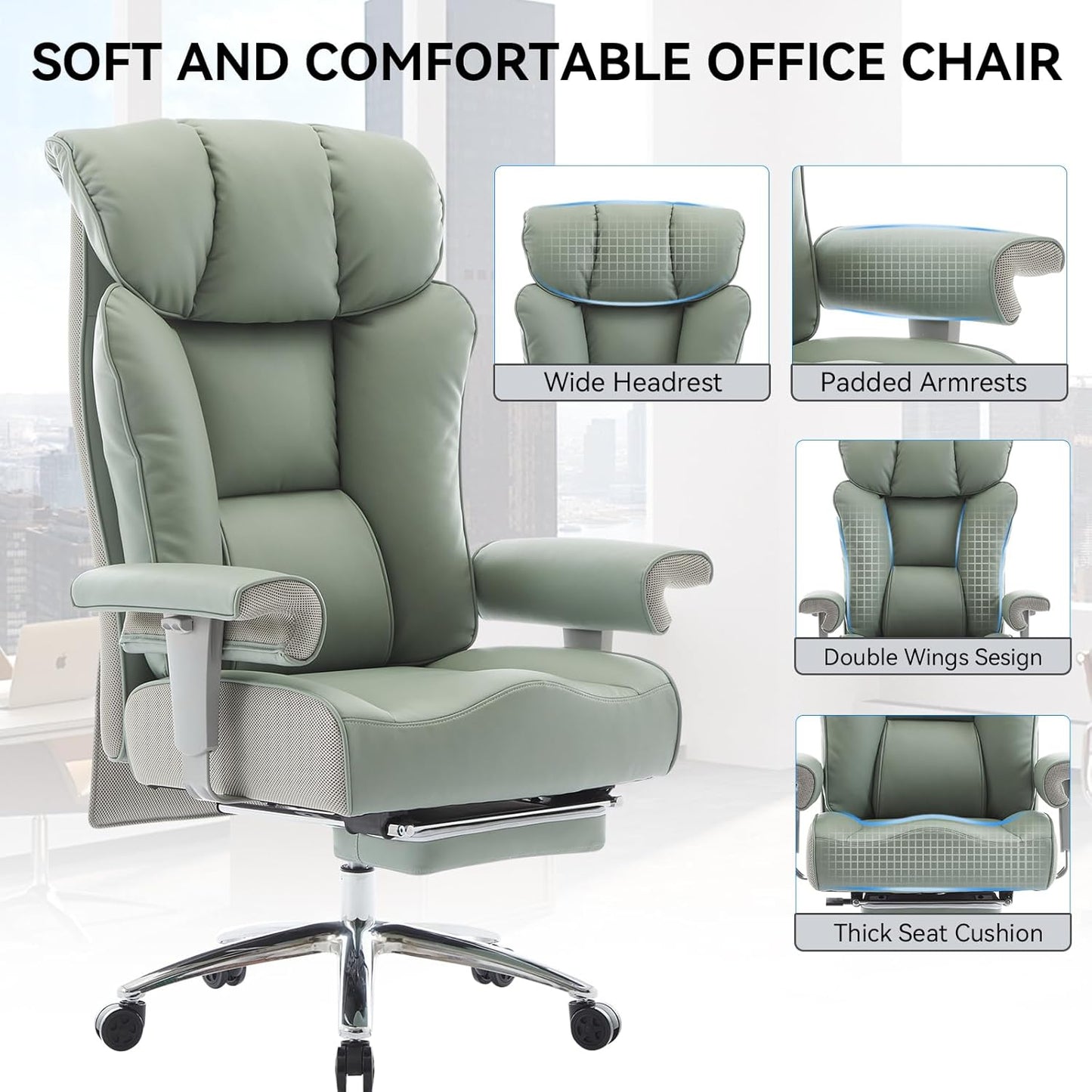 Efomao Big and Tall Green Office Chair 450LBS – Ergonomic High-Back Executive Chair with Footrest, Adjustable Padded Armrests, PU Leather Computer Chair with Lumbar Support for Home or Office,Green