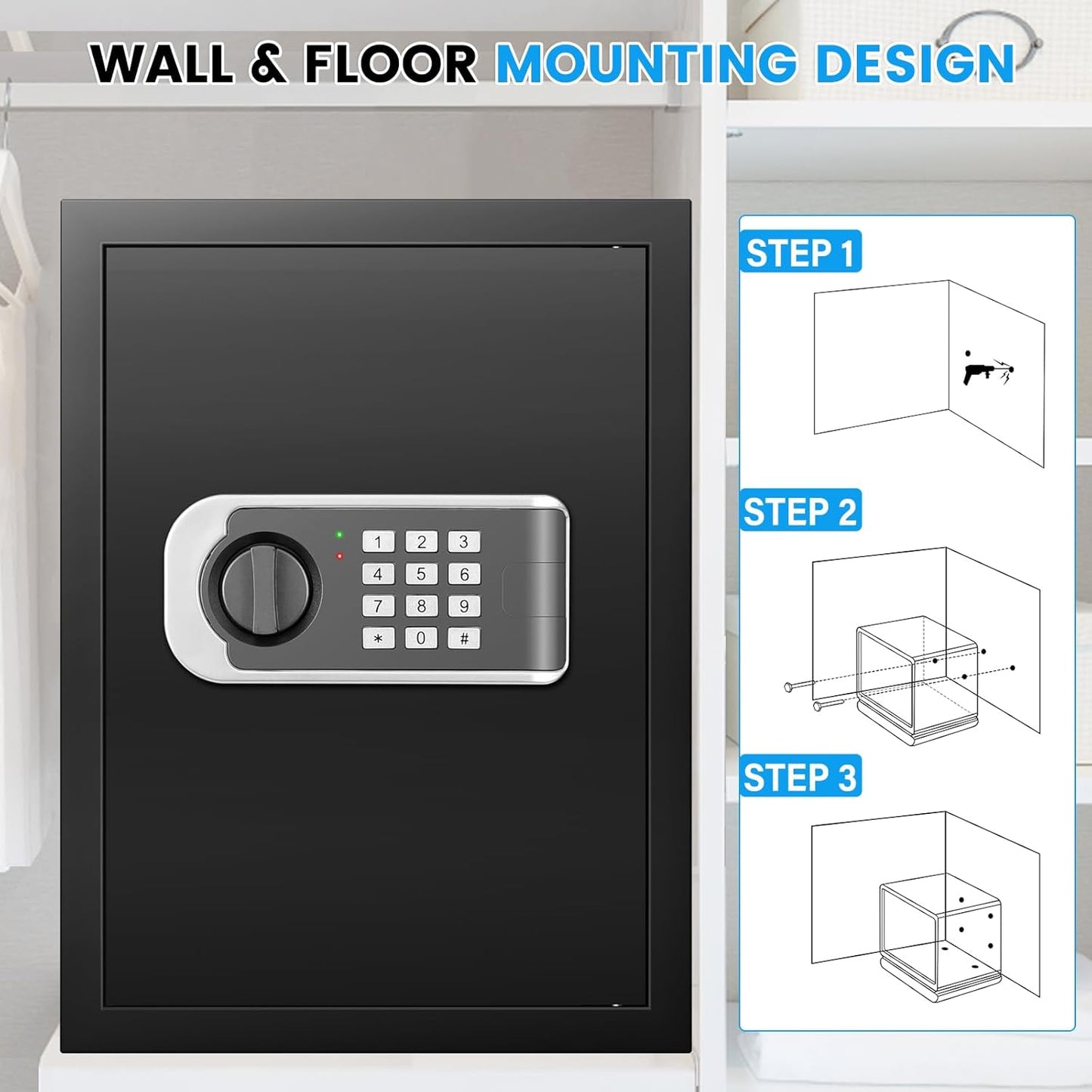 2.6 Cuft Safe Box, Steel Home Security Safe with Fireproof Waterproof Money Bag, Anti-Theft Safes for Home with Programmable Keypad Keys, Digital Safety Box for Documents Valuables Jewelry