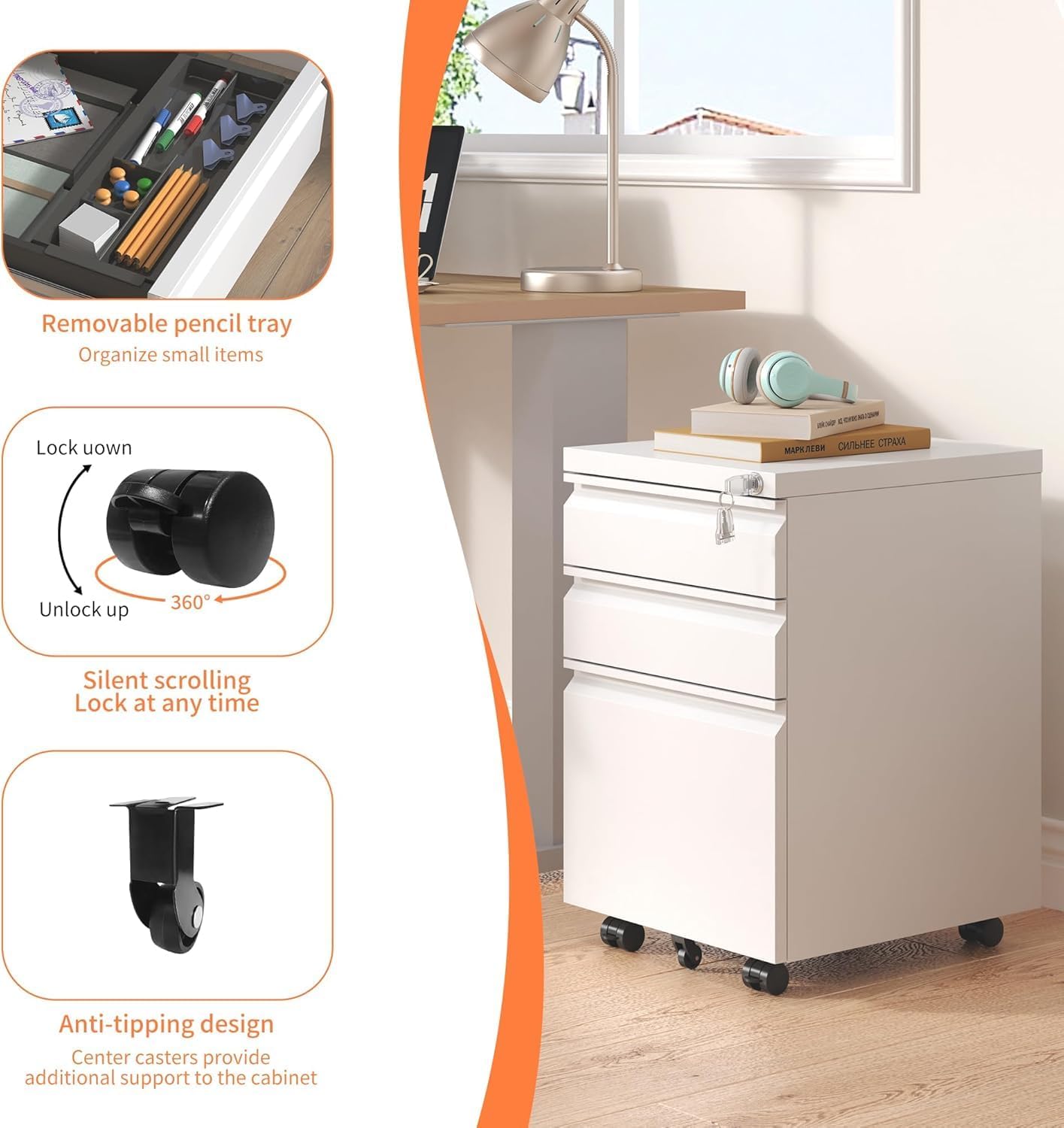 3 Drawer File Cabinet with Lock, File Cabinets for Home Office,Under Desk Cabinet, Locking File Cabinet for A4/Letter/Legal, Fully Assembled Expect Casters, Matte White