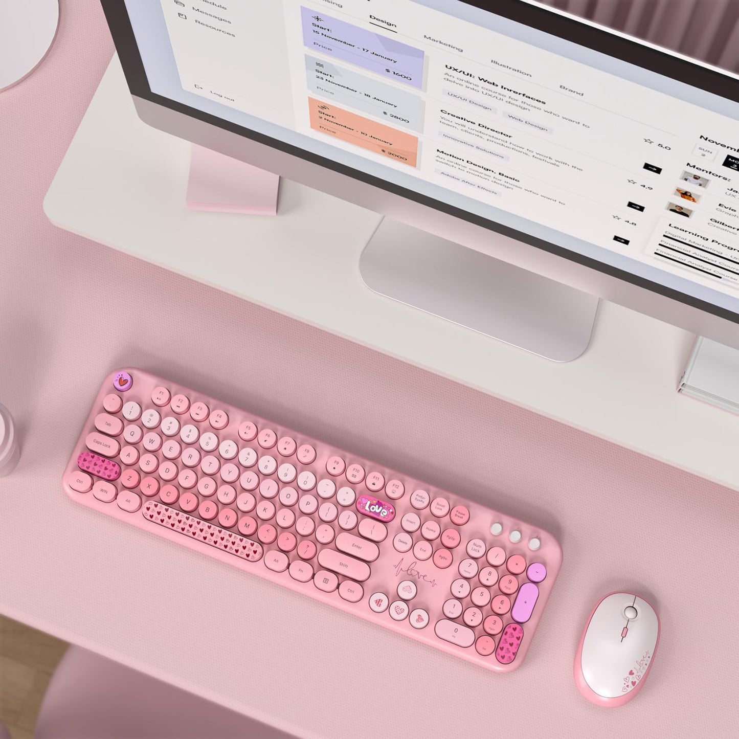 Wireless Keyboard and Mouse, Typewriter Full Size Keyboard with Number Pad and 2 in 1 USB Connected Mouse for Windows 7/8/10, Laptop, Desktop, PC, Computer (Pink Colorful)