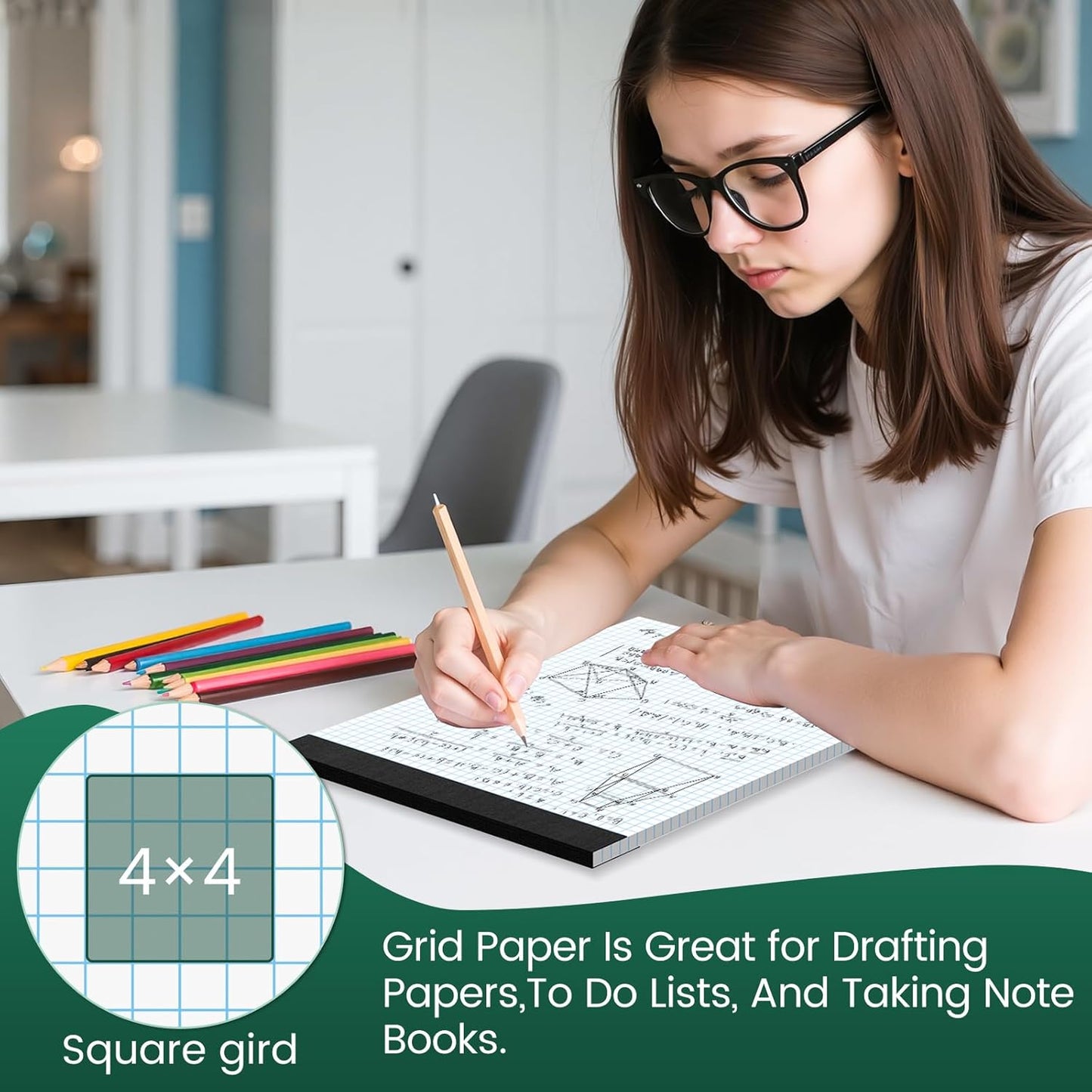 Graph Paper 8.5 X 11, 6 Pack, 4x4 Quad Ruled, Grid Paper Pad 8-1/2" X 11", Grid Pad 8.5 X 11.75, Engineering Notebook, Easy Tears Off, White 70 GSM Graft Paper